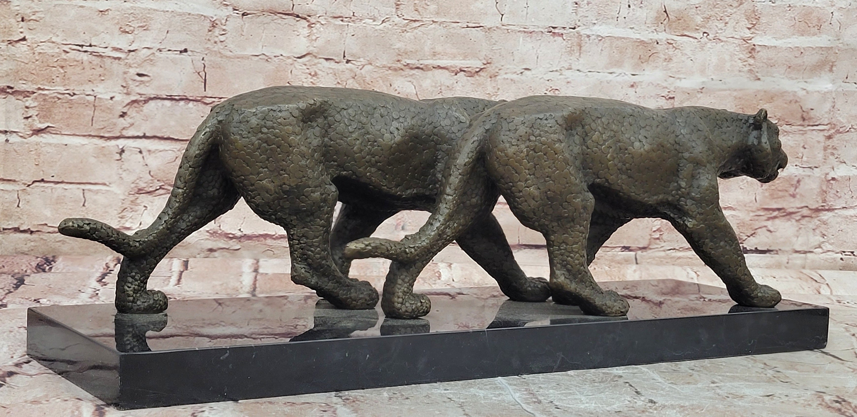 Signed Barye Bronze Panther Duo Sculpture Powerful Executive Display