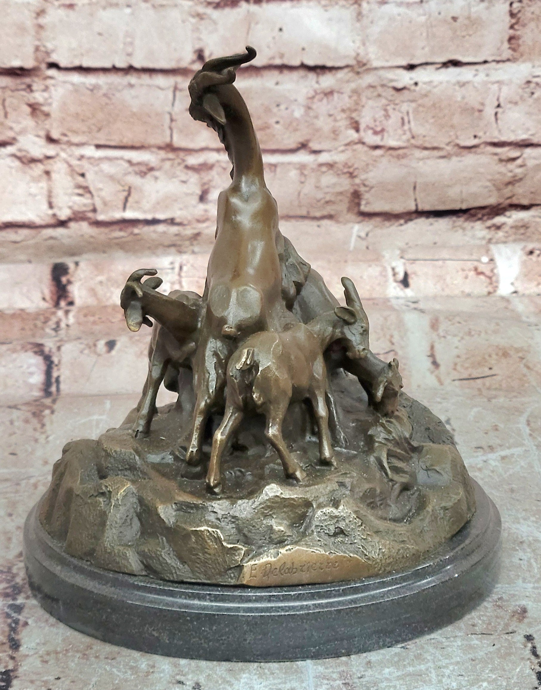 Signed Delabrierre Bronze Mountain Goats Sculpture Detailed Fine Art Decor