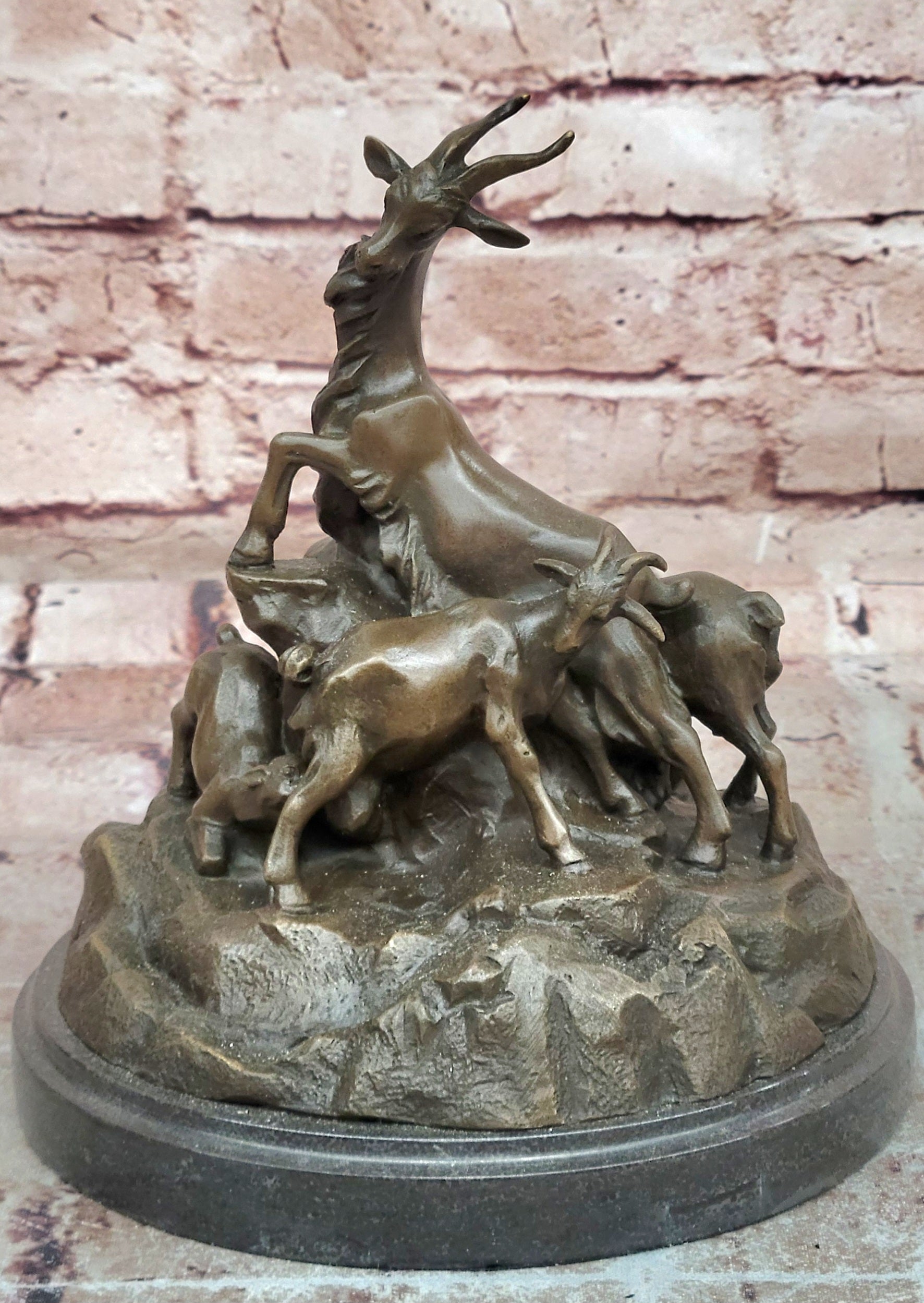Signed Delabrierre Bronze Mountain Goats Sculpture Detailed Fine Art Decor