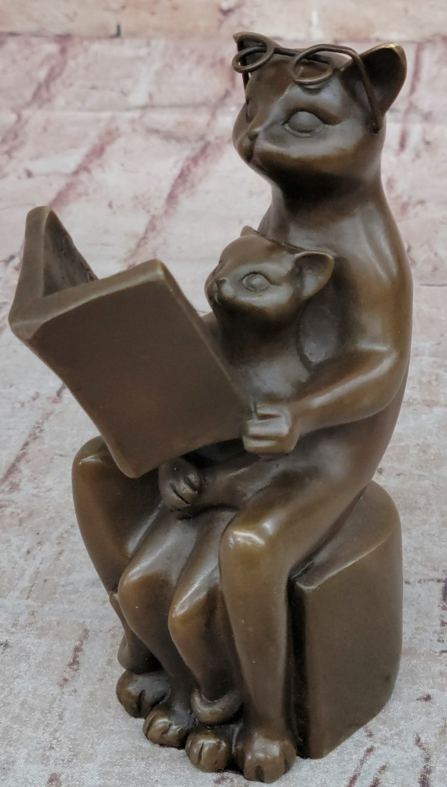 Hot Cast Signed Original Nick Cat with Eye Glasses and Baby Bronze Sculpture