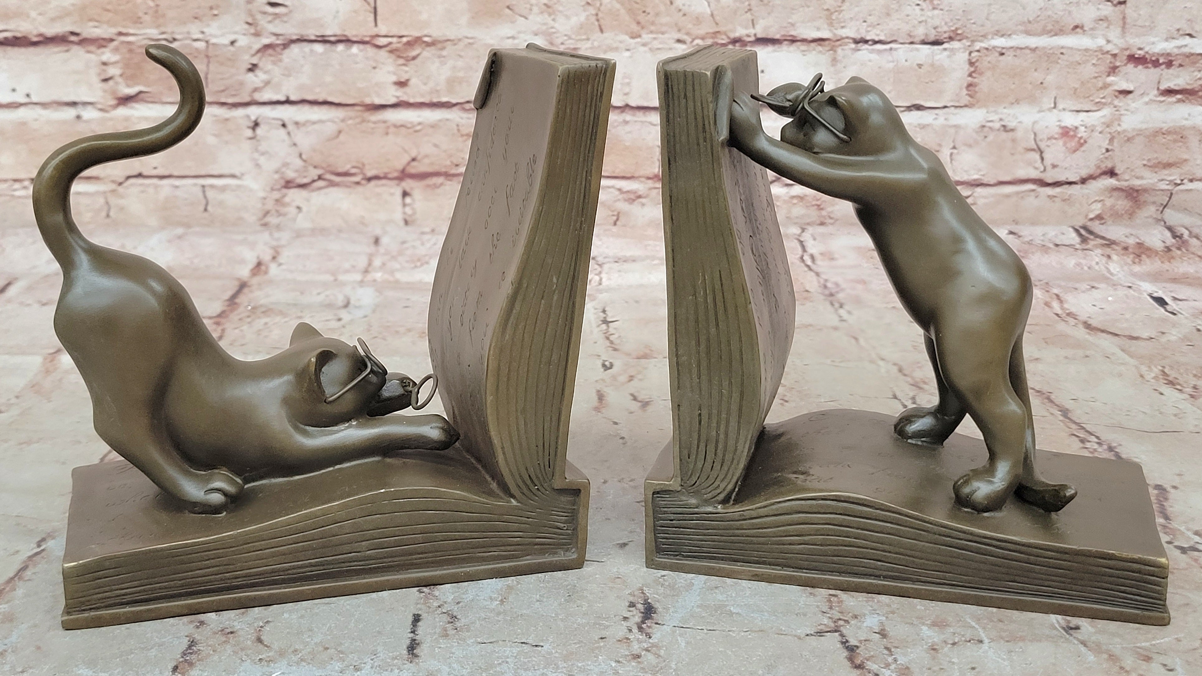 Home Decor Vintage Cat Bookends by Italian Artist Mario Nick Bronze Figurine Art