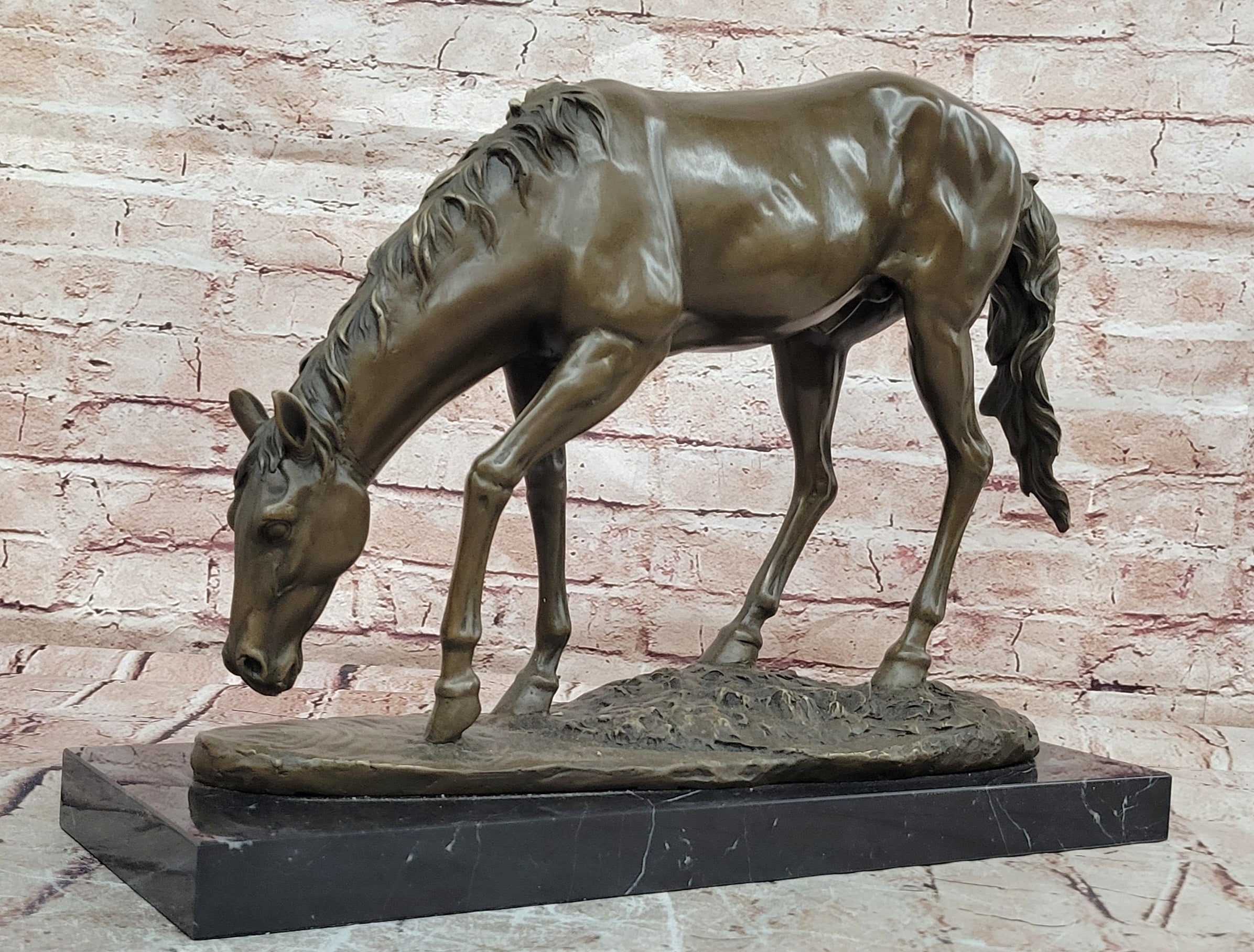 Majestic Bronze Standing Horse Statue Marble Pedestal Collectible Art