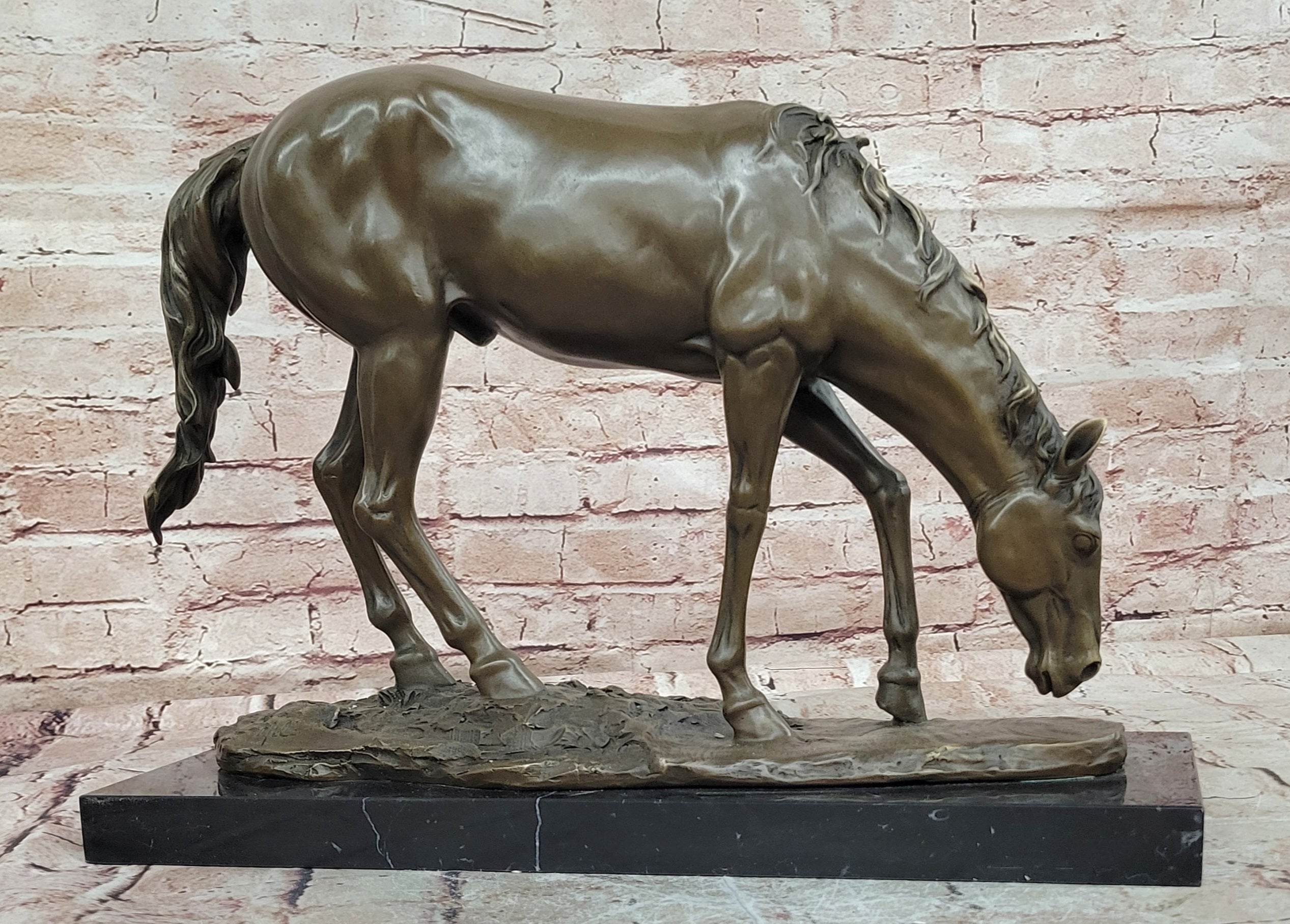 Majestic Bronze Standing Horse Statue Marble Pedestal Collectible Art