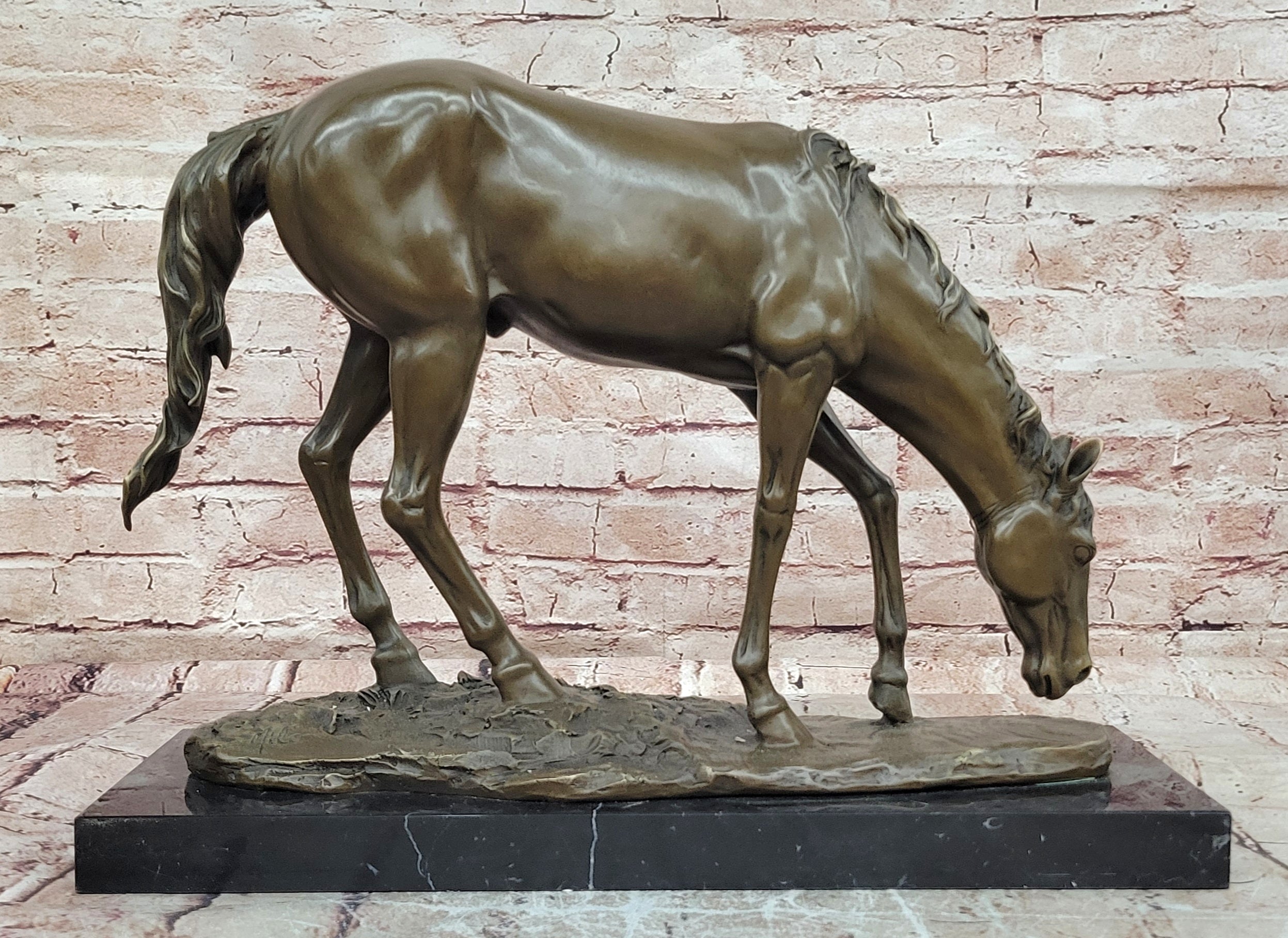 Majestic Bronze Standing Horse Statue Marble Pedestal Collectible Art