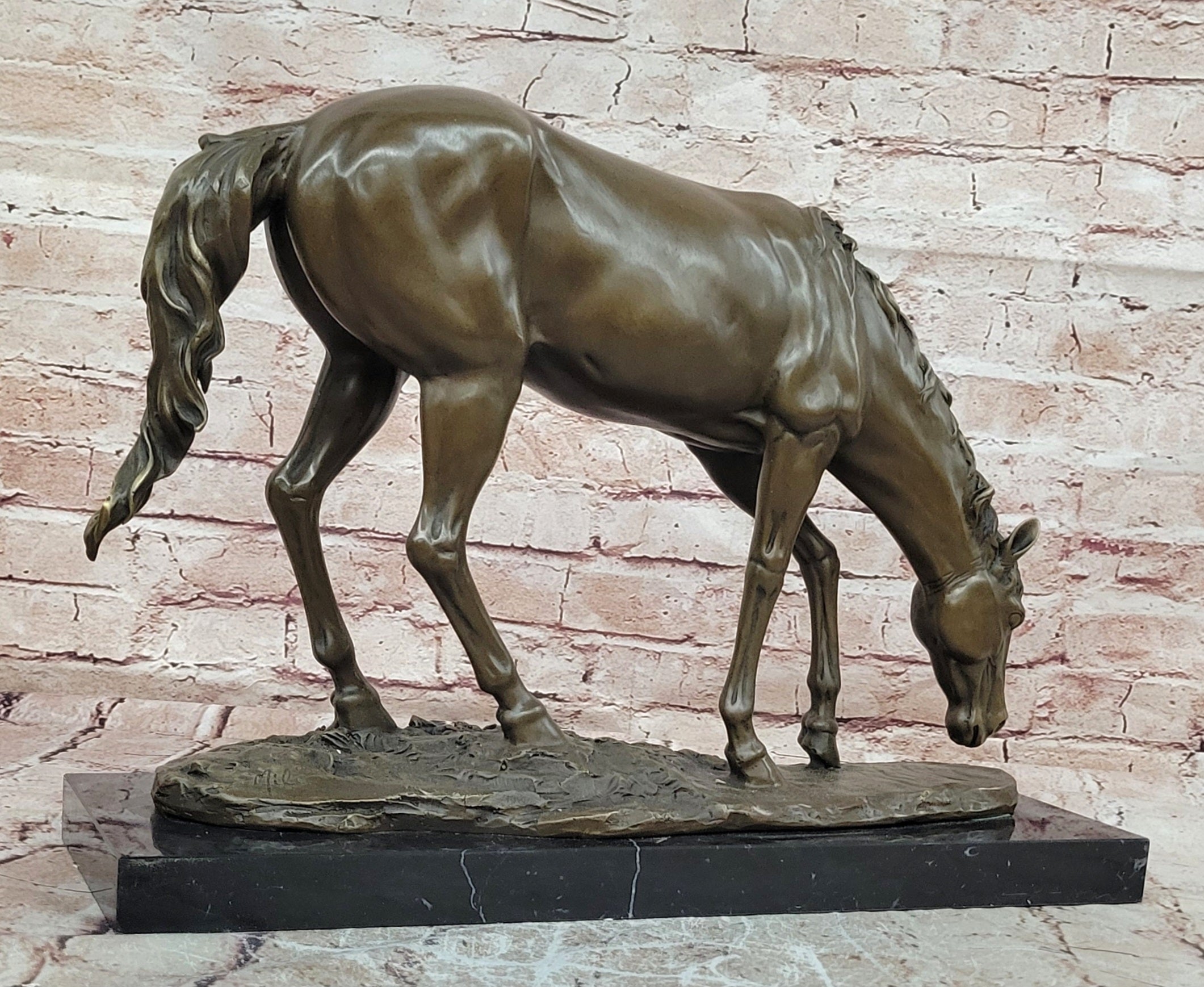 Majestic Bronze Standing Horse Statue Marble Pedestal Collectible Art
