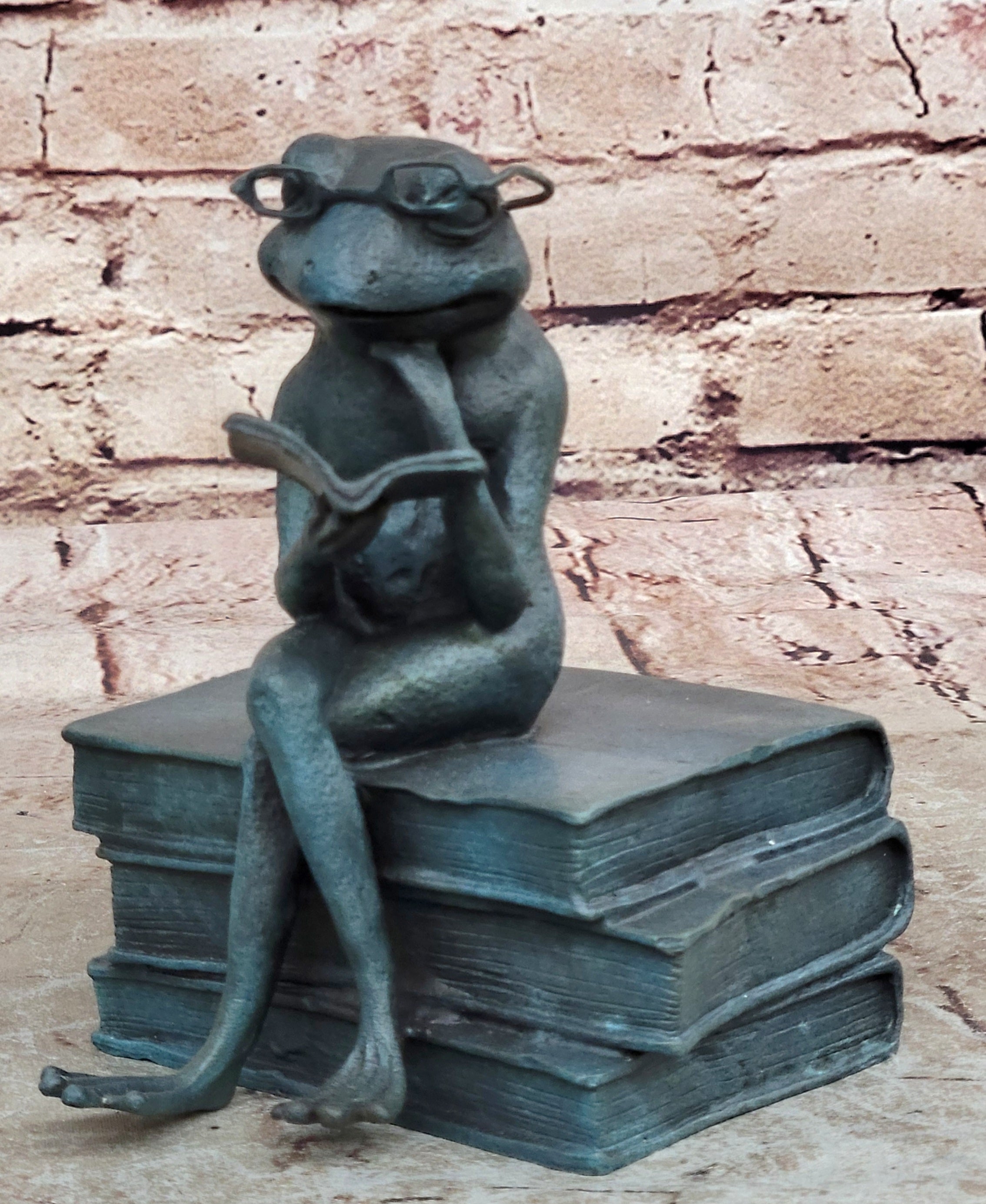 Original Frog Bronze Sculpture Figurine Green Patina Statue Library Office Decor