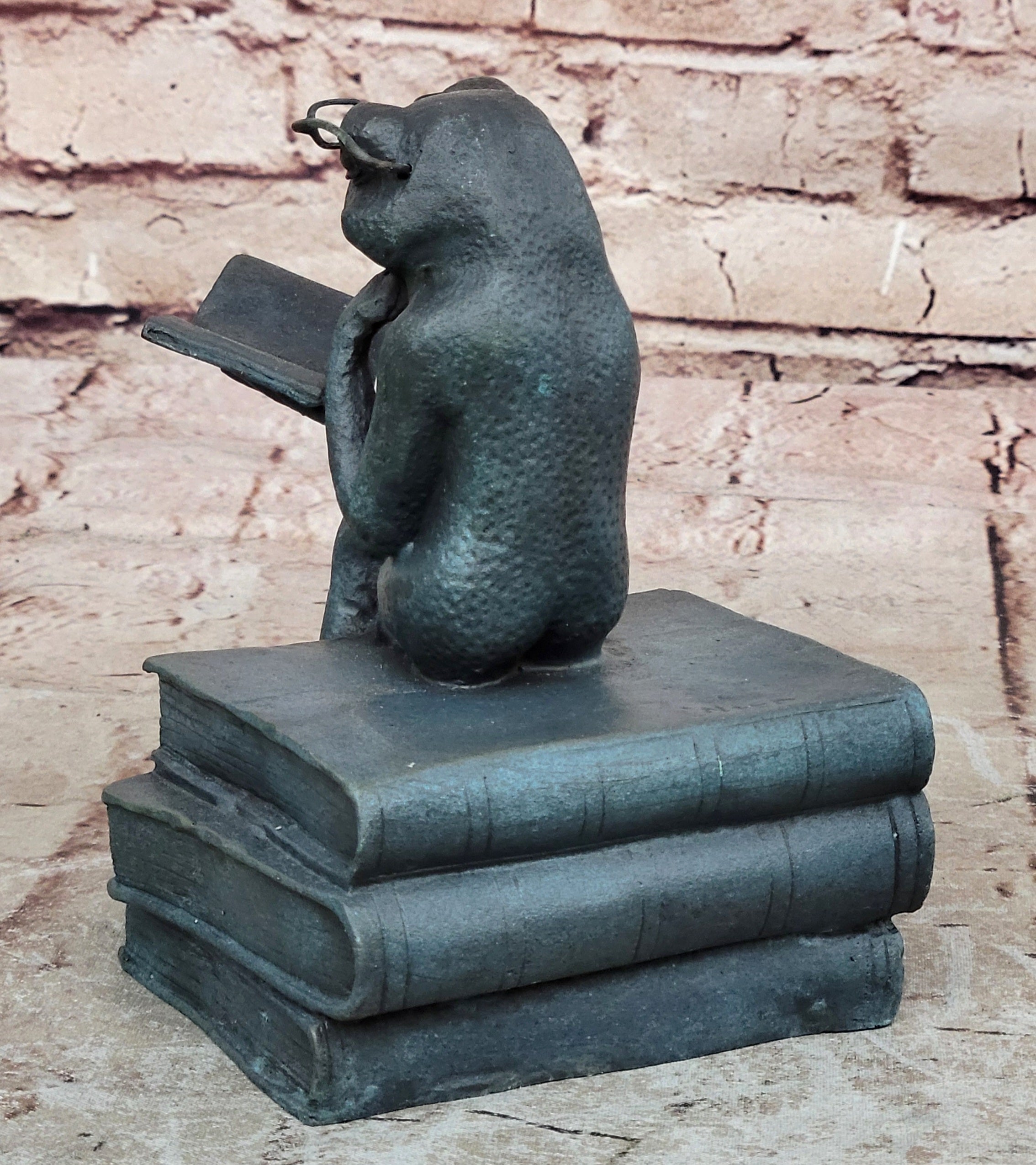 Original Frog Bronze Sculpture Figurine Green Patina Statue Library Office Decor