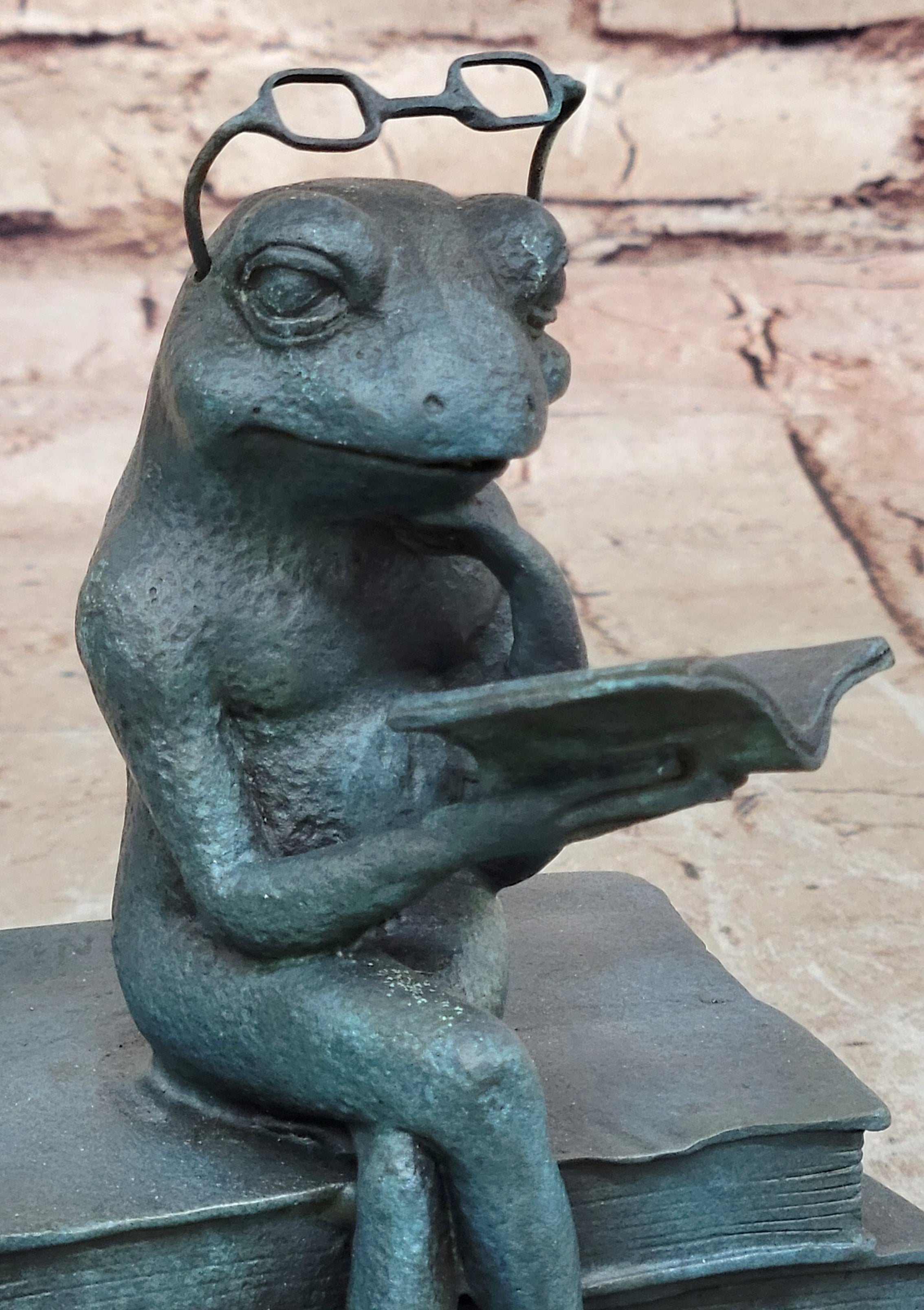 Original Frog Bronze Sculpture Figurine Green Patina Statue Library Office Decor