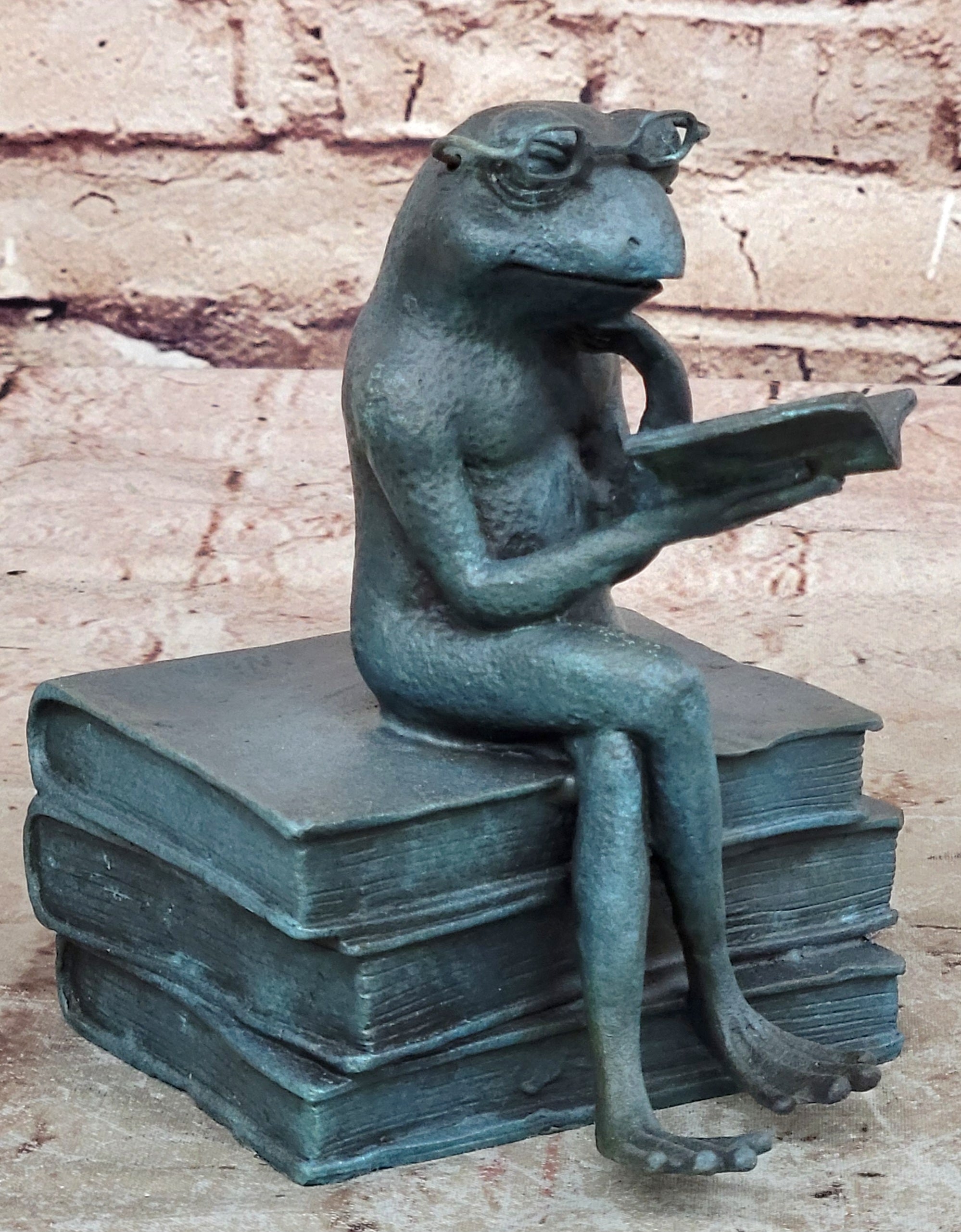 Original Frog Bronze Sculpture Figurine Green Patina Statue Library Office Decor