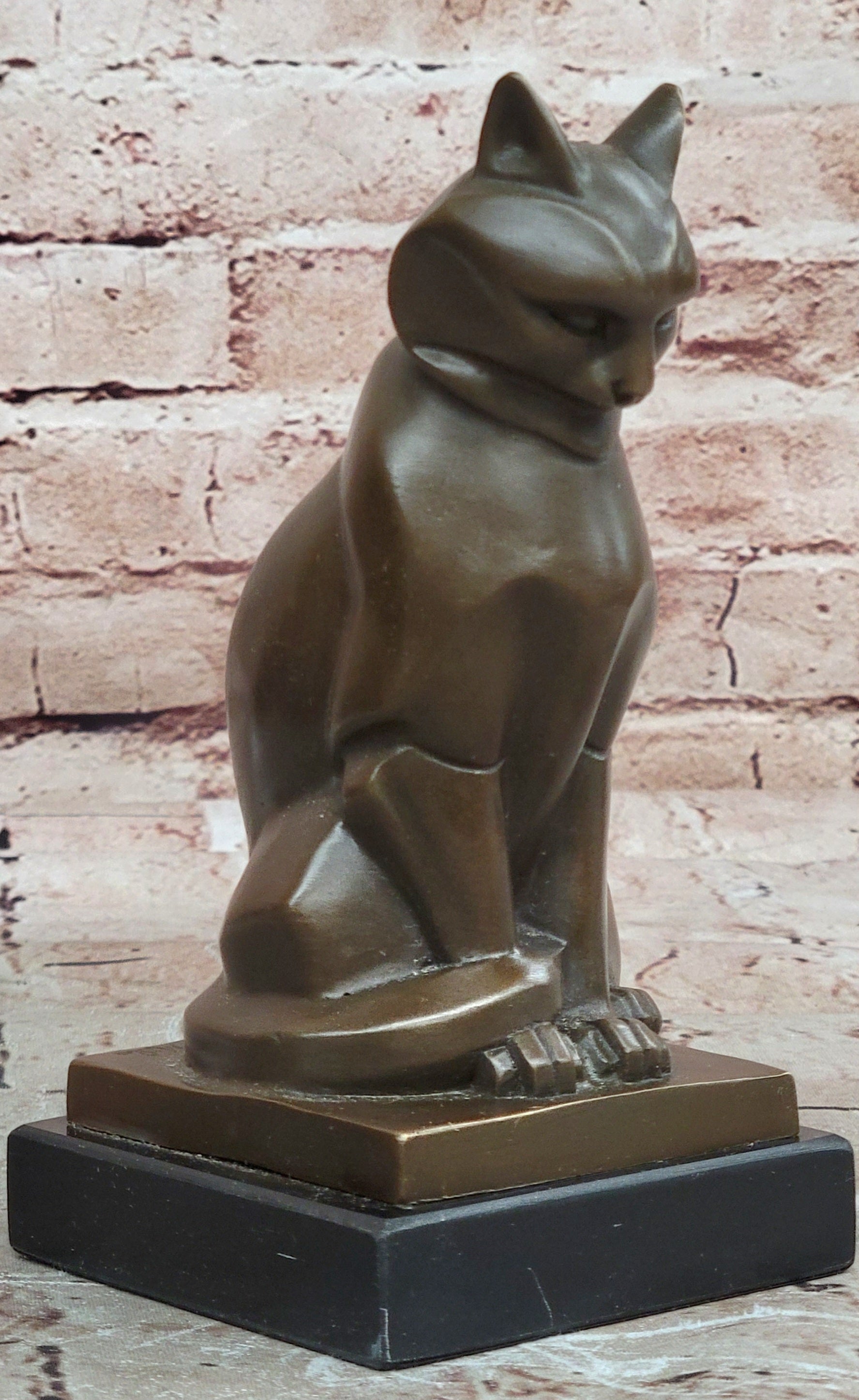 Geometric Cubist Bronze Cat Figurine Modernist Animal Art Home Decor
