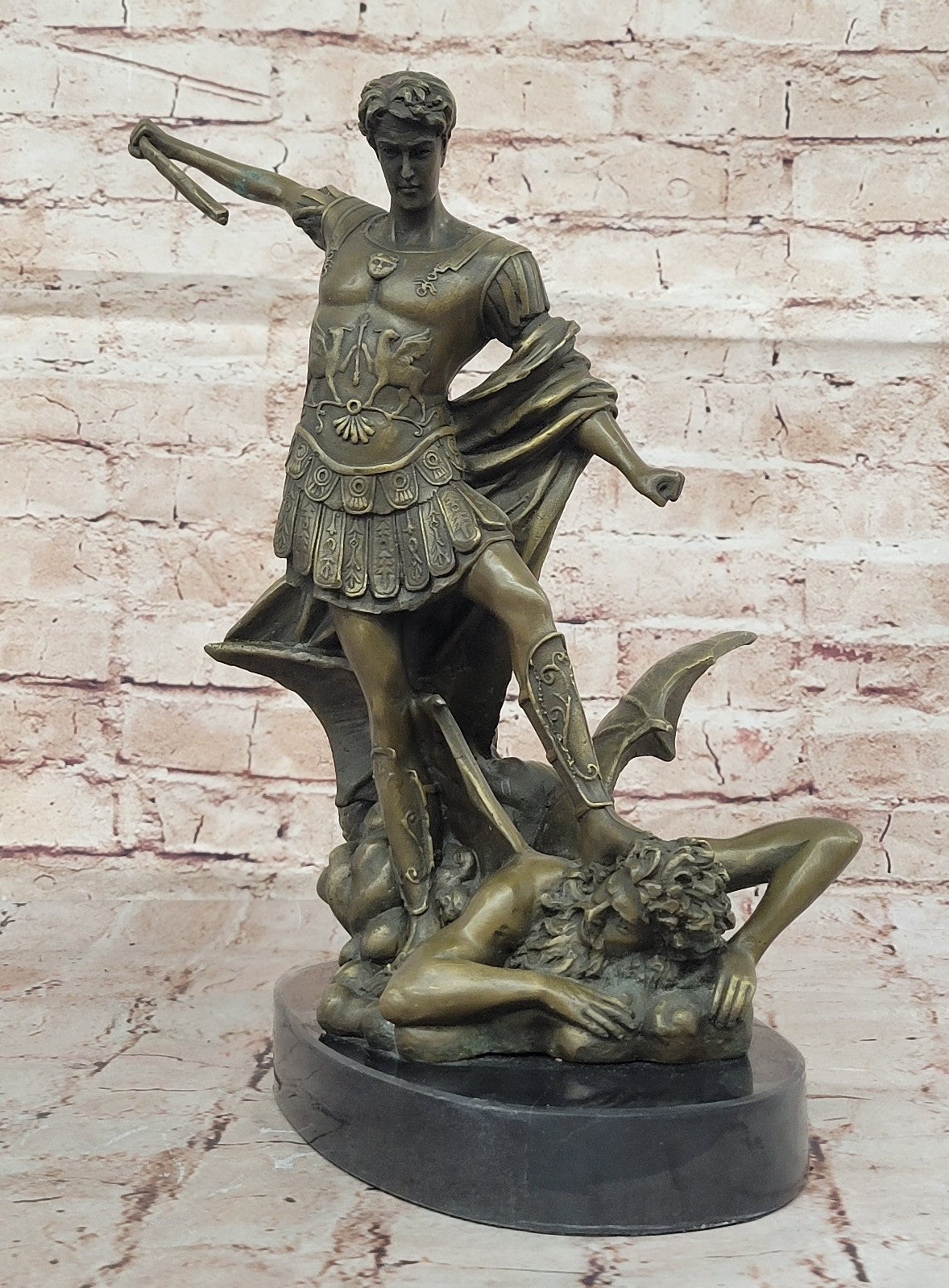 European Bronze Figurine Religious Archangel Saint Michael stepping on demon Art