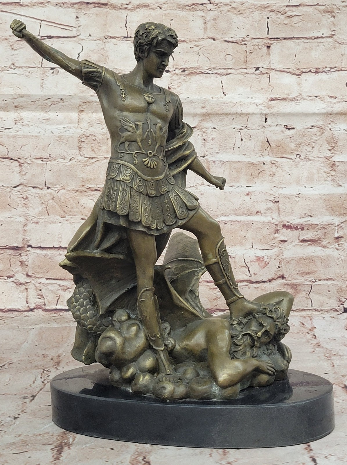 European Bronze Figurine Religious Archangel Saint Michael stepping on demon Art