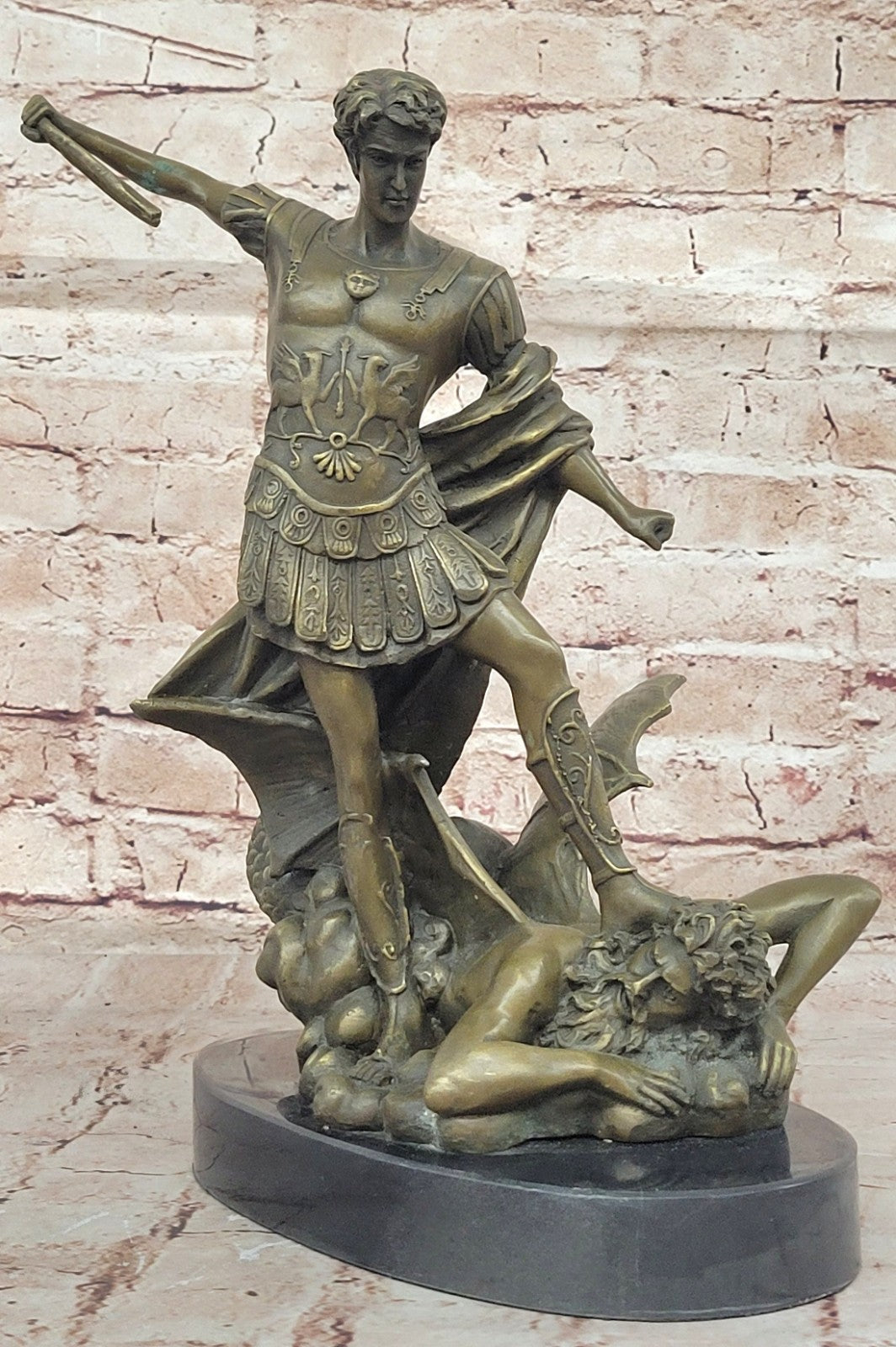 European Bronze Figurine Religious Archangel Saint Michael stepping on demon Art