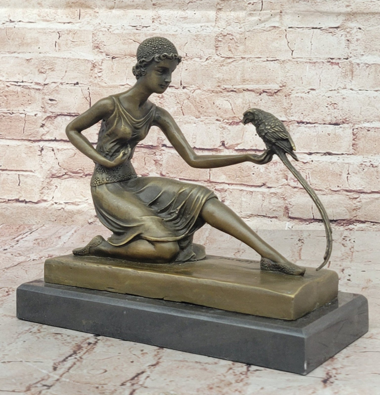 Handcrafted bronze sculpture SALE /Marble Parrot The And Lady Deco Art Chiparus