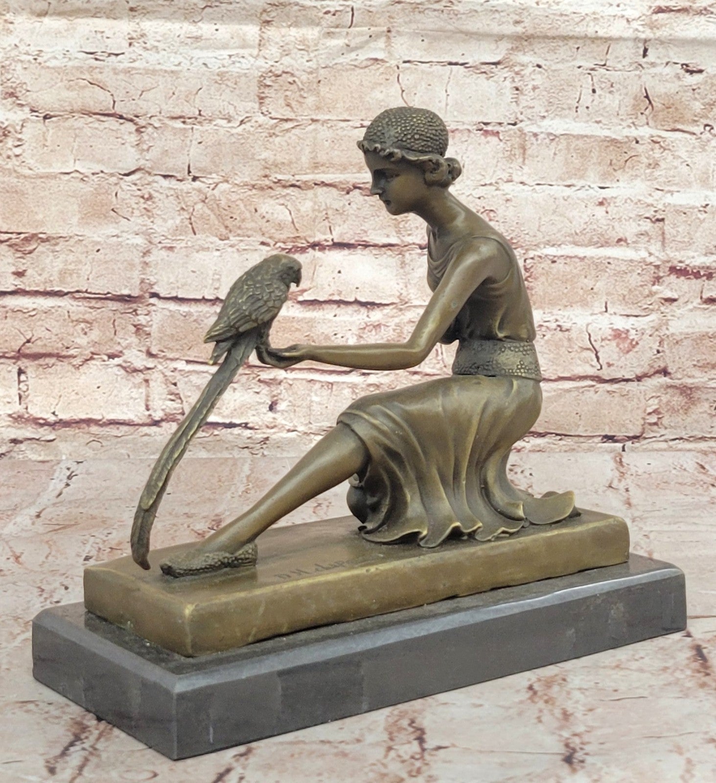 Handcrafted bronze sculpture SALE /Marble Parrot The And Lady Deco Art Chiparus