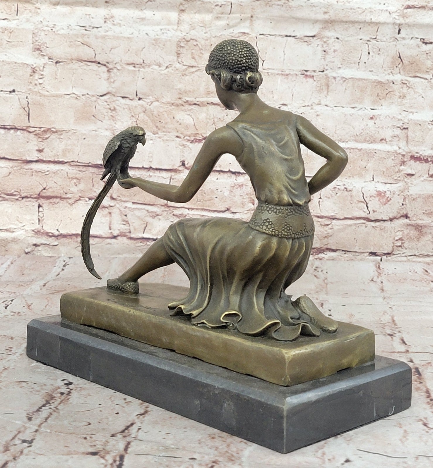 Handcrafted bronze sculpture SALE /Marble Parrot The And Lady Deco Art Chiparus