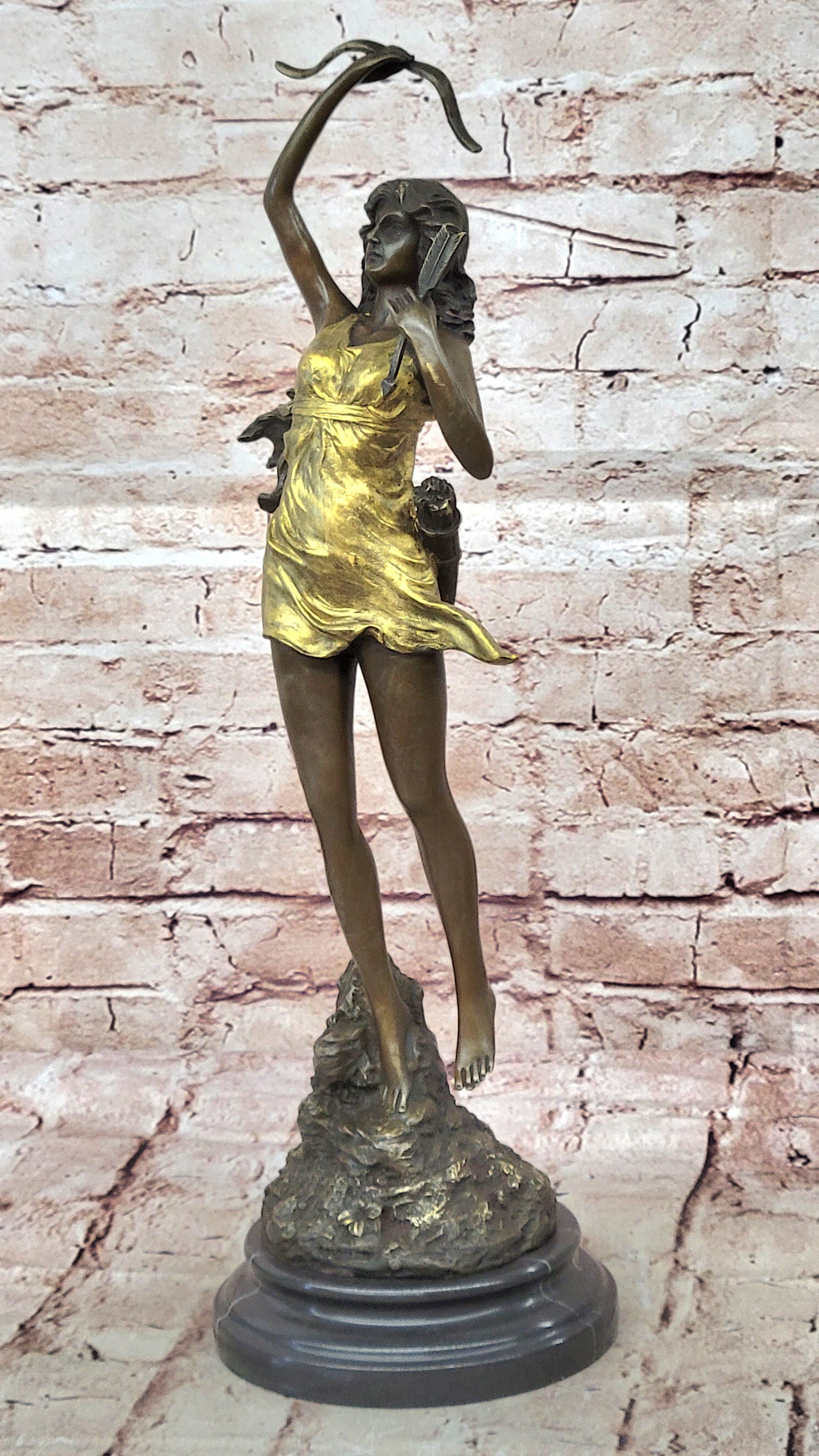 Signed Cast Bronze Diana The Huntress Art Deco Nude Sculpture Statue Mythical