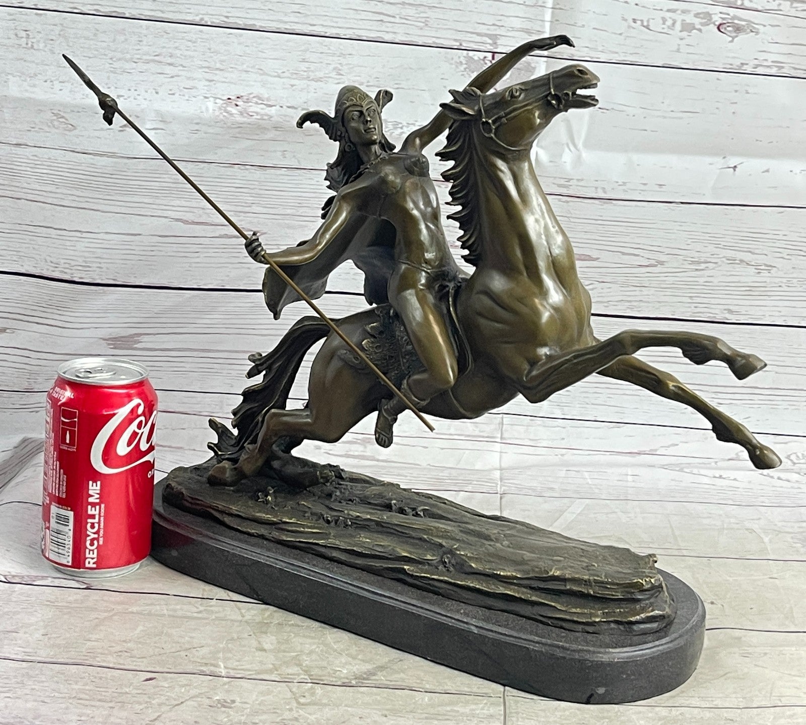 Art Decor Mythical Attacking Amazon Female Bronze Sculpture Marble Base Statue