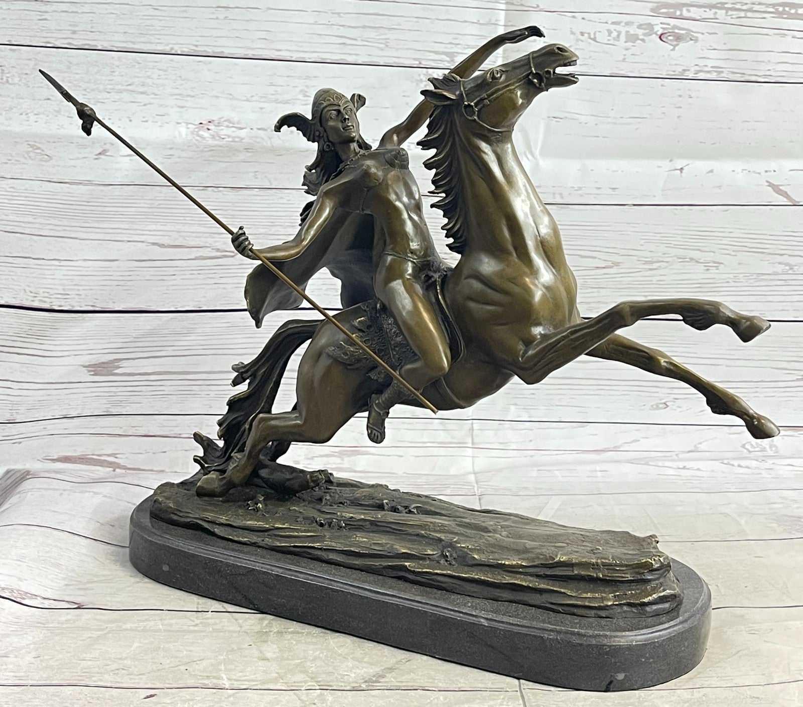 Art Decor Mythical Attacking Amazon Female Bronze Sculpture Marble Base Statue