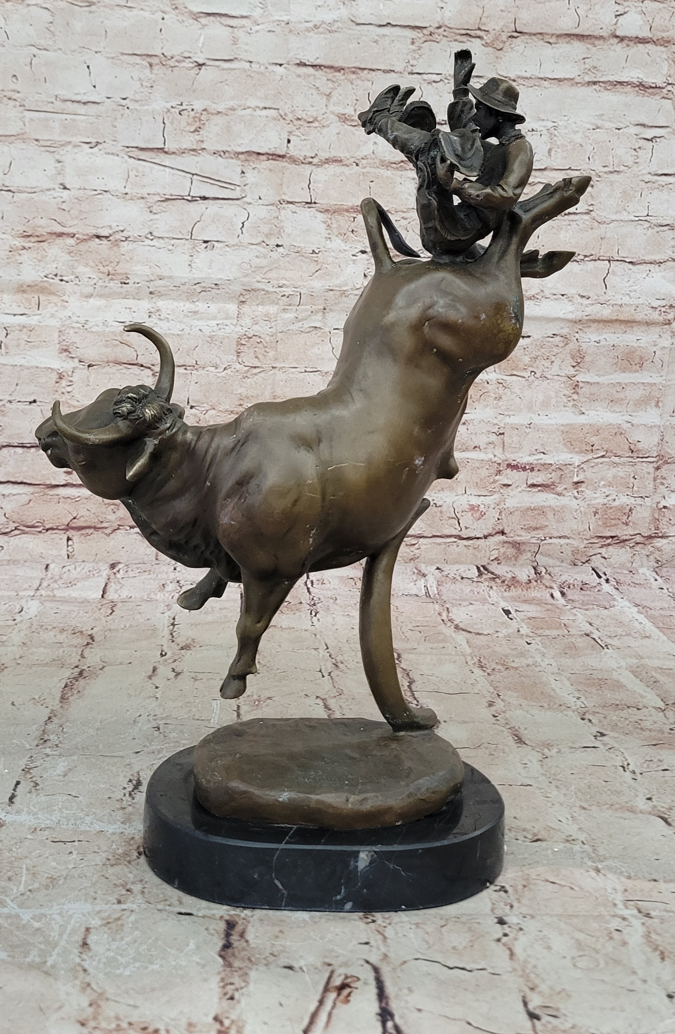 Bull Rodeo Bronze Sculpture Marble Statue Hot Cast Figurine Animal Art Cowboy NR