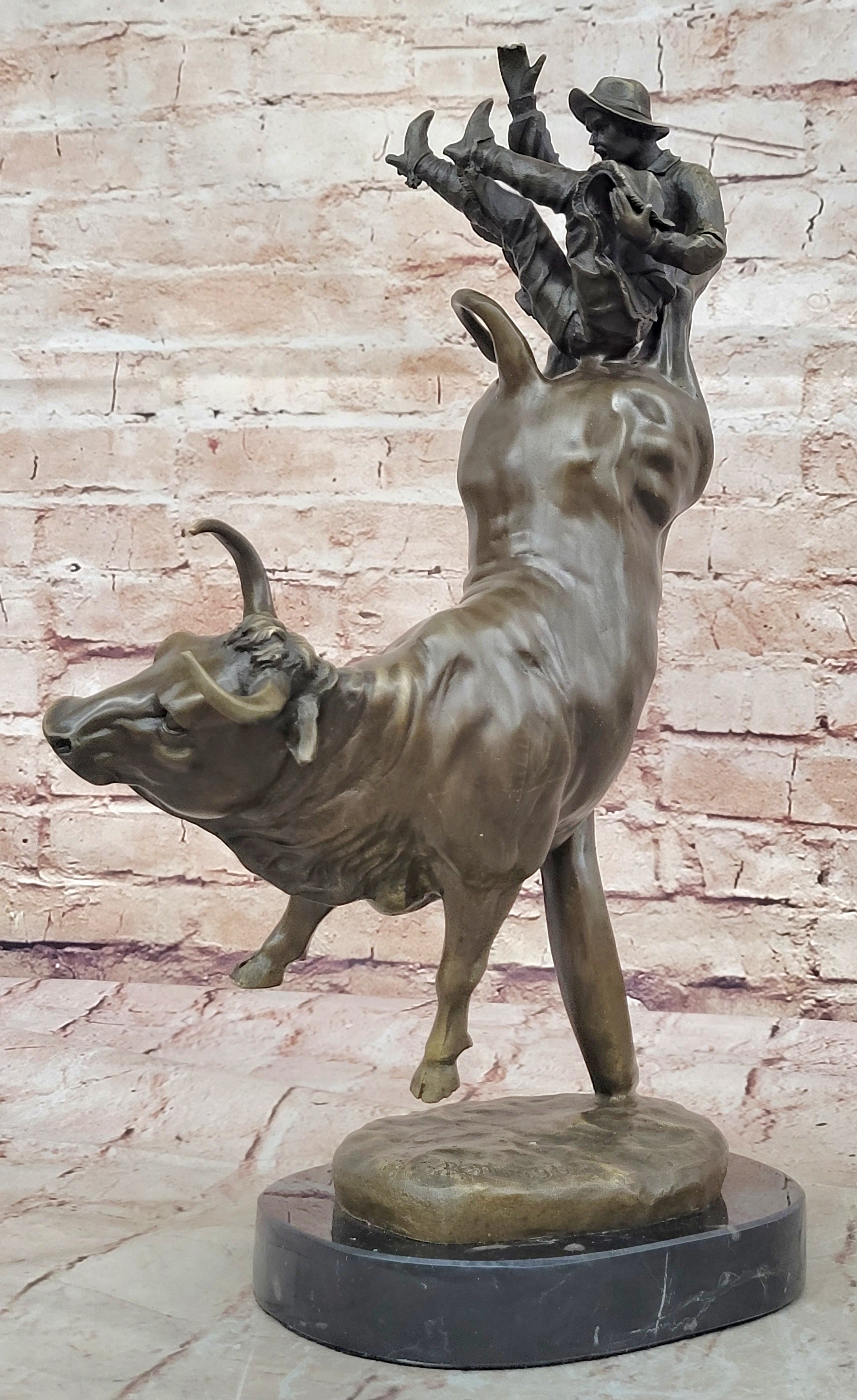 Bull Rodeo Bronze Sculpture Marble Statue Hot Cast Figurine Animal Art Cowboy NR