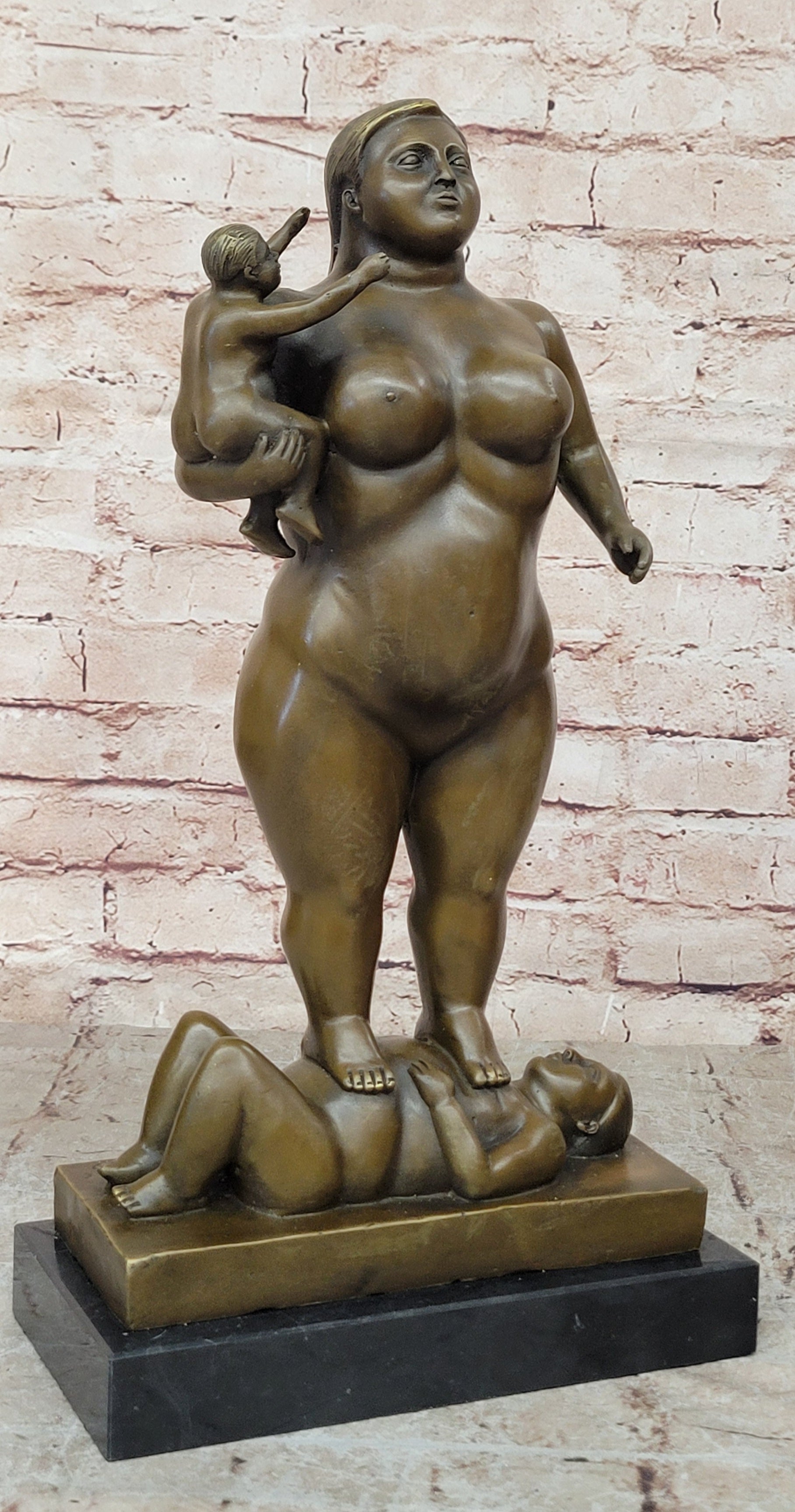 Man Nude Woman Carrying Baby by Spanish Artist Fernando Botero Genuine Bronze Statue