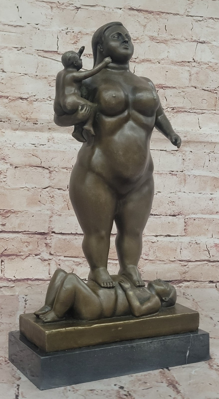 Man Nude Woman Carrying Baby by Spanish Artist Fernando Botero Genuine Bronze Statue