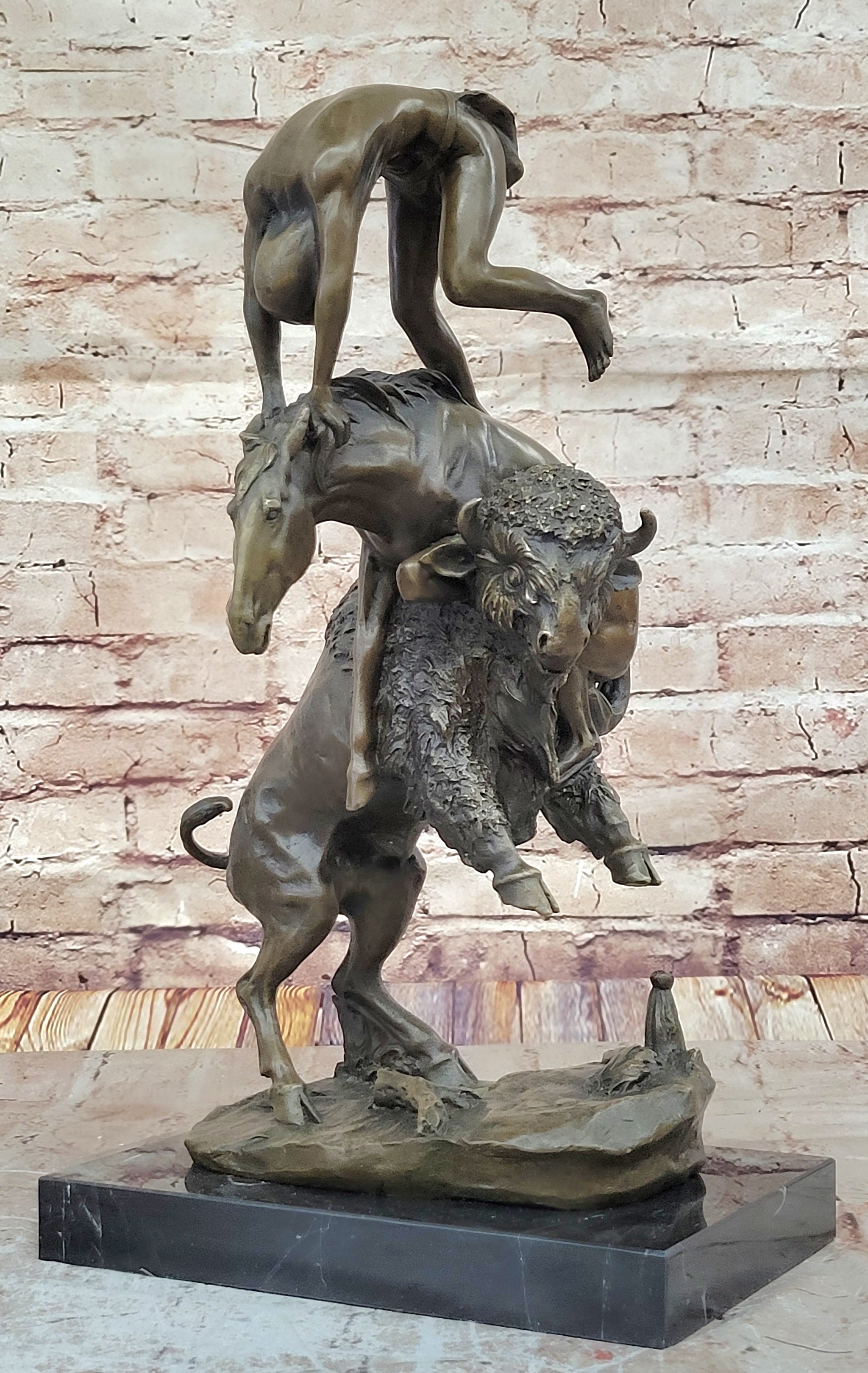 Signed Remington Indian Man Taming Horse and Buffalo Bronze Sculpture Marble Art
