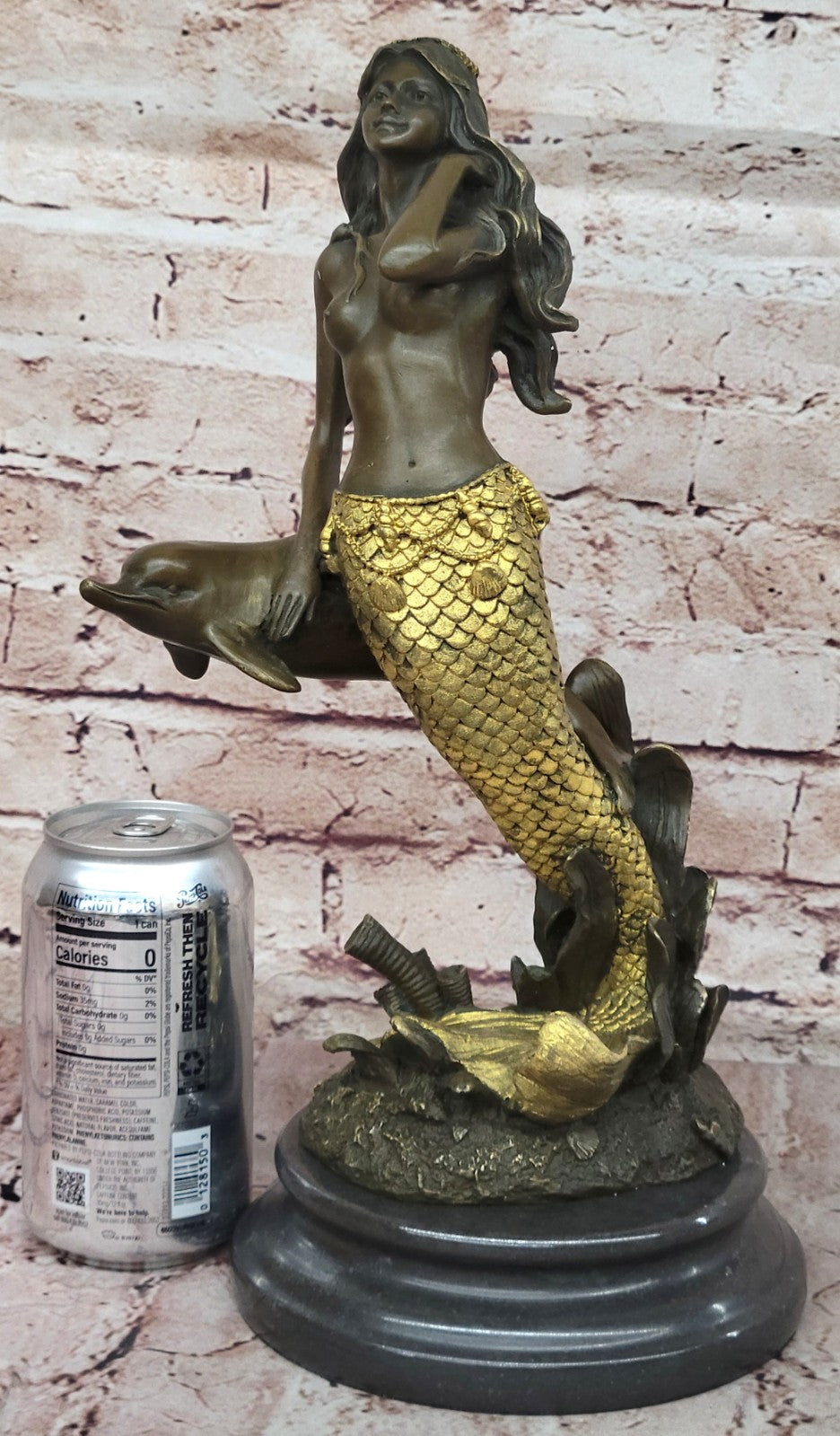14" European Bronze Fairy Belle Mermaid Sea-maid Nude Sea-maiden Dolphin Figure
