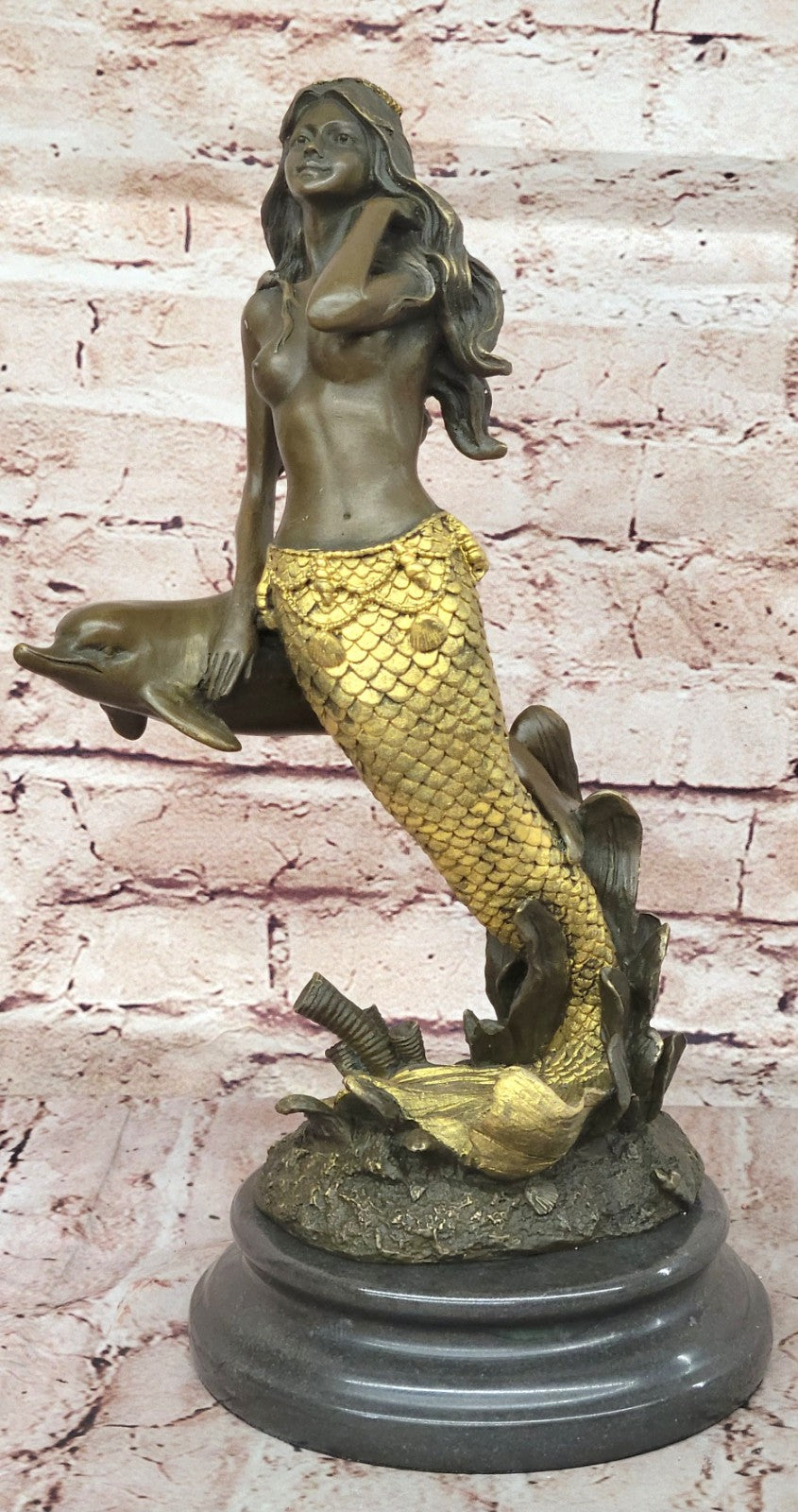 14" European Bronze Fairy Belle Mermaid Sea-maid Nude Sea-maiden Dolphin Figure