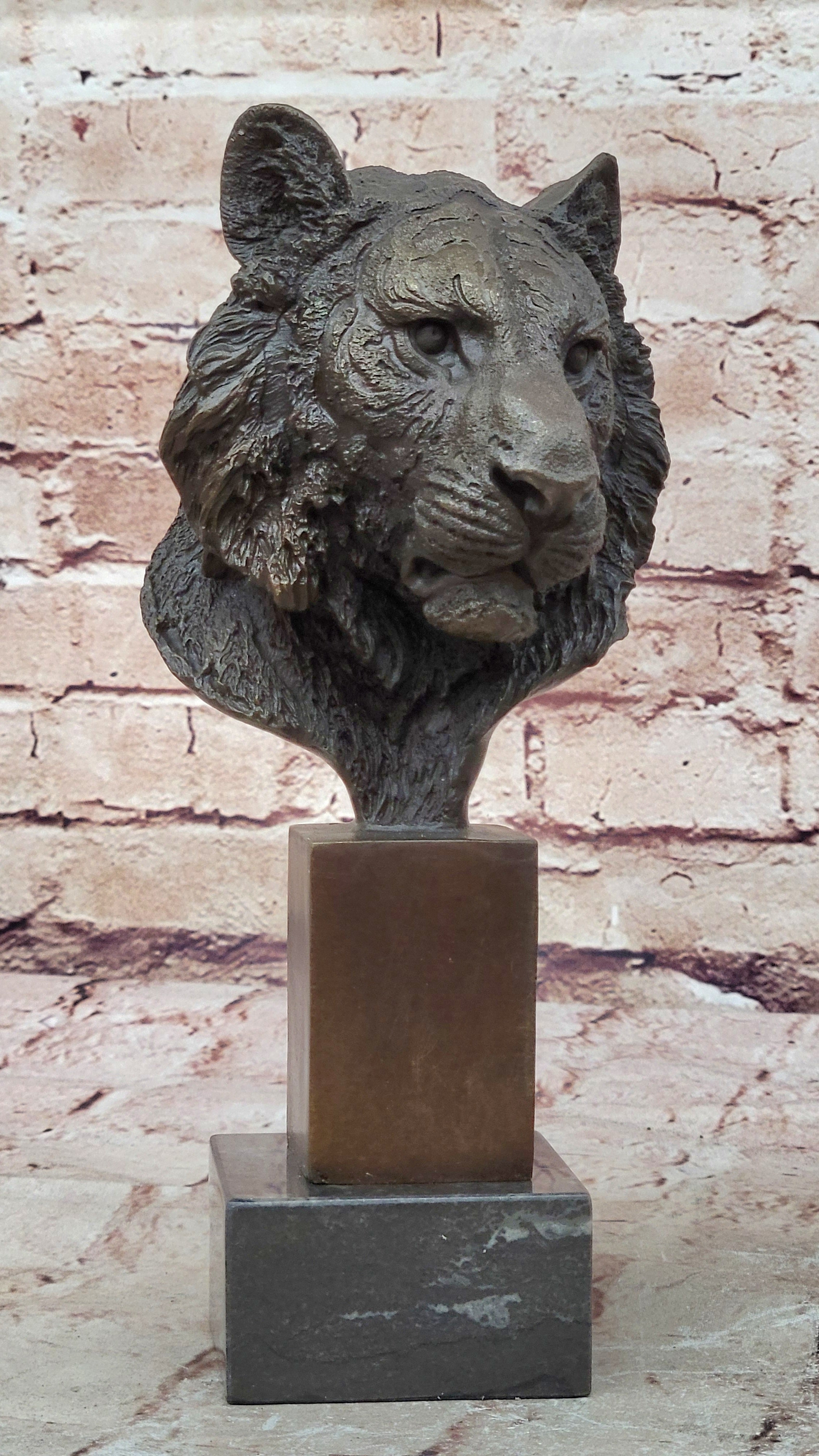 10" Western Art Deco Bronze lions Lion Puma Mountain Cat Bust Sculpture Figurine