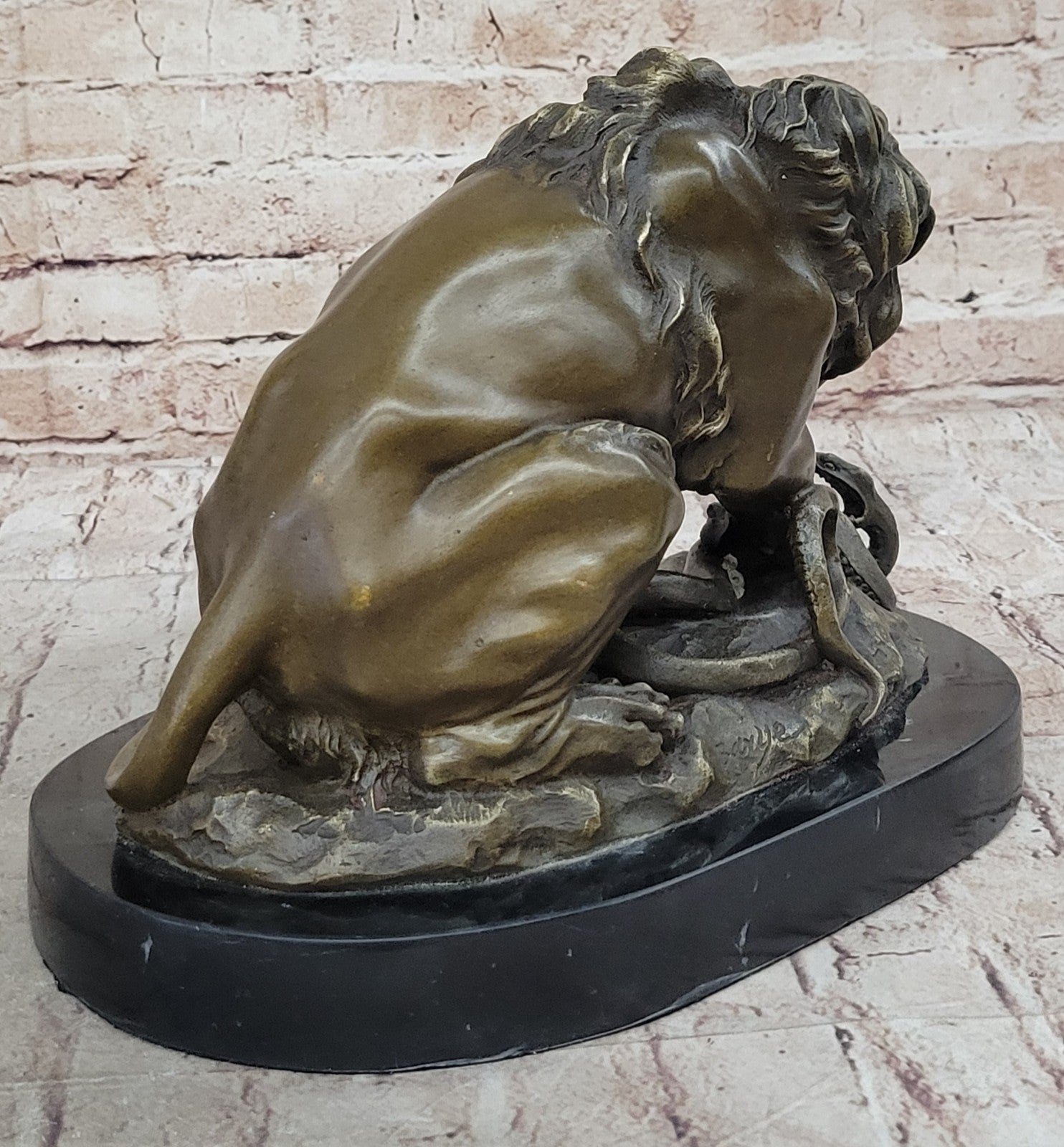 Signed Barye Snake and Lion Bronze Marble Sculpture Statue Figurine Art Deco
