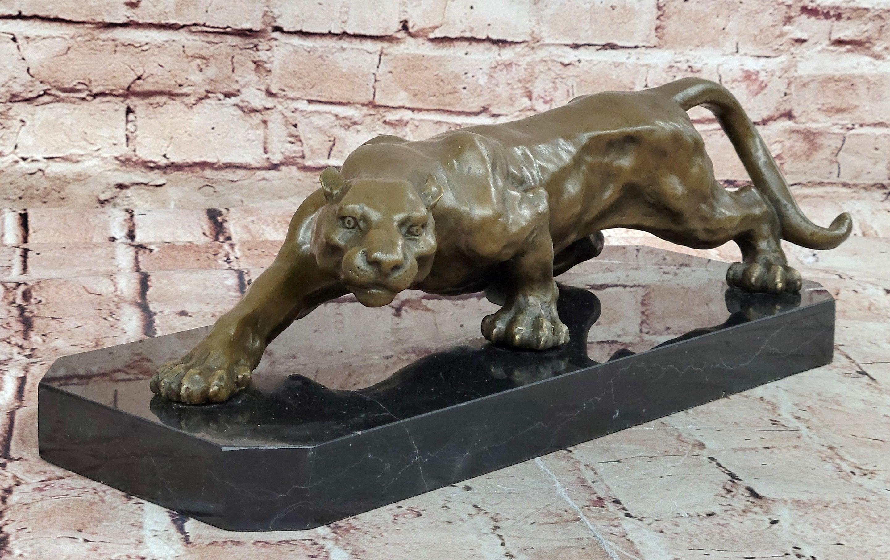 Barye Cougar Mountain Lion Genuine Bronze Handmade Sculpture Statue Artwork Home Decor