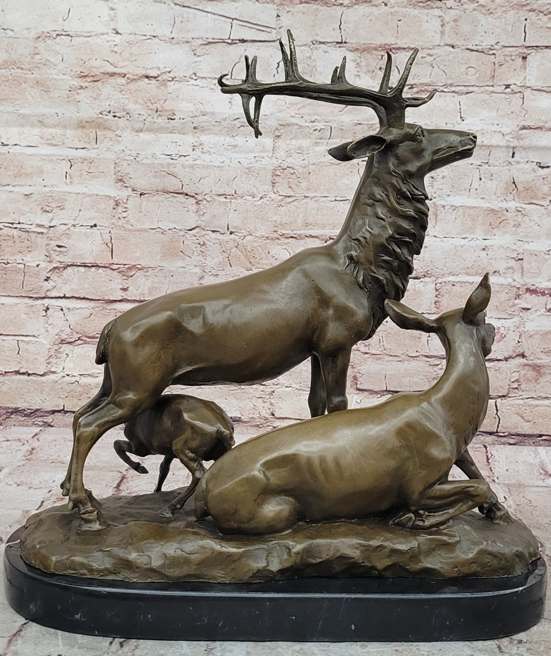 Extra Large Elk Stag Walking W/Cub Bronze Statue Sculpture Art Deco Figure NR