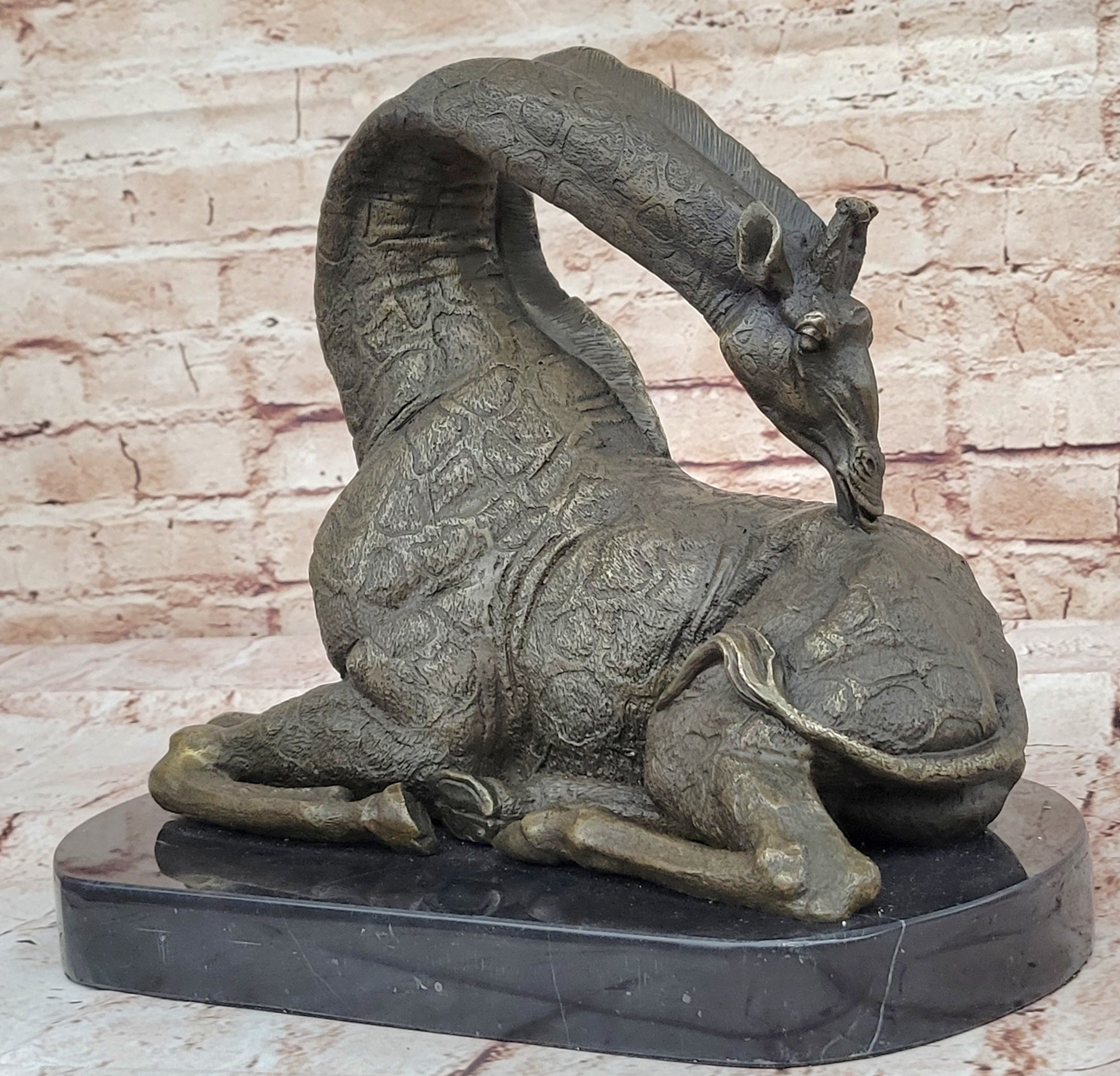 Original Signed African Graceful Giraffe Sitting Bronze Sculpture Marble Deco