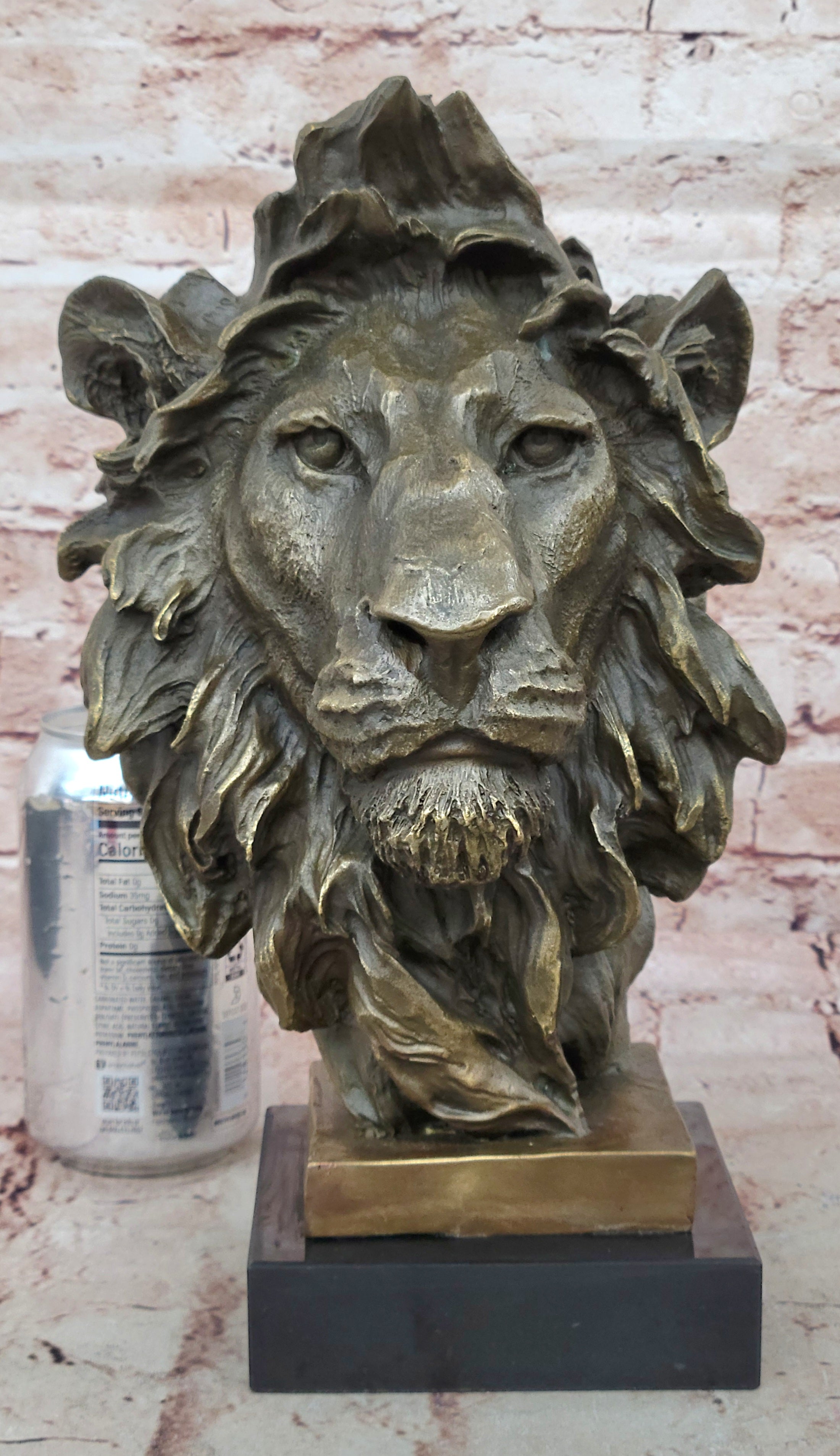 Signed Milo African Male Lion Bust Bronze Marble Sculpture Statue Decor Figurine