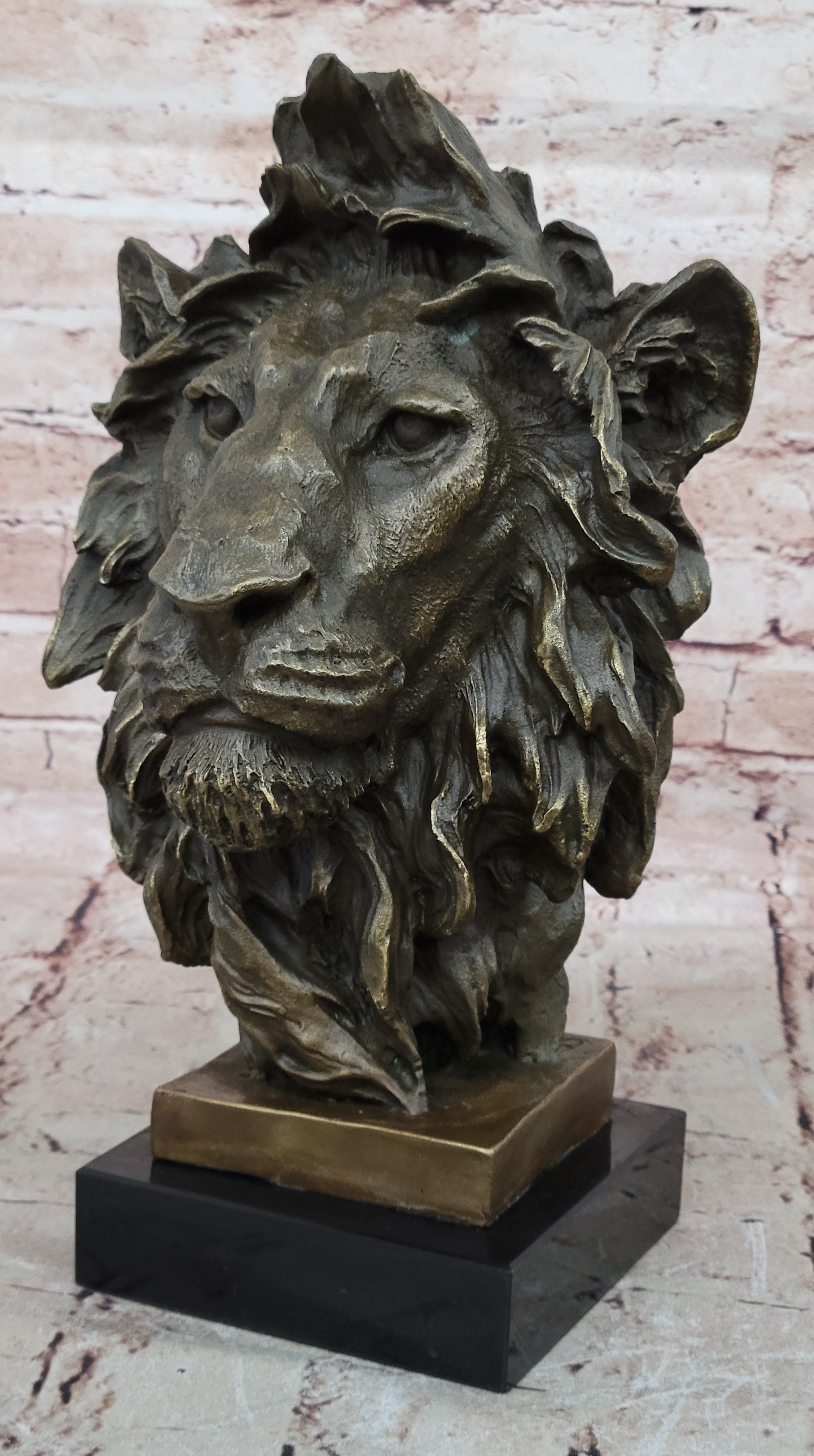 Signed Milo African Male Lion Bust Bronze Marble Sculpture Statue Decor Figurine