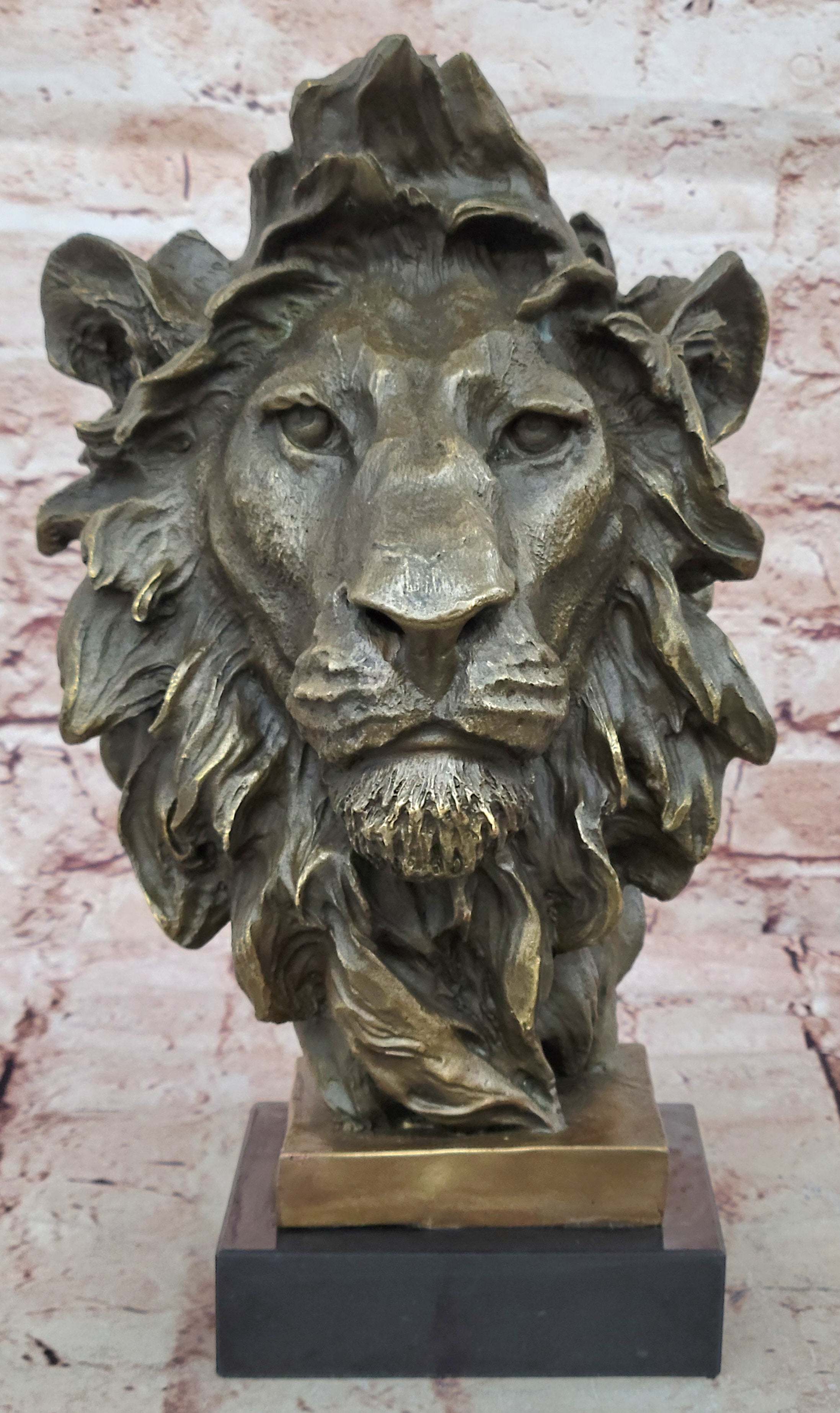 Signed Milo African Male Lion Bust Bronze Marble Sculpture Statue Decor Figurine