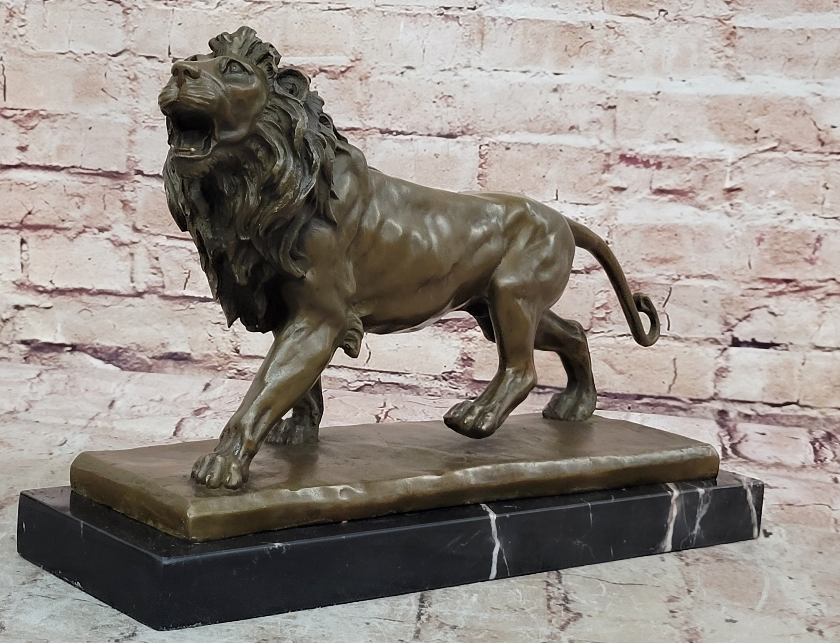 Art Figurine Deco Bronze Copper & Marble Foo Dog Lion Statue Artwork Sculpture