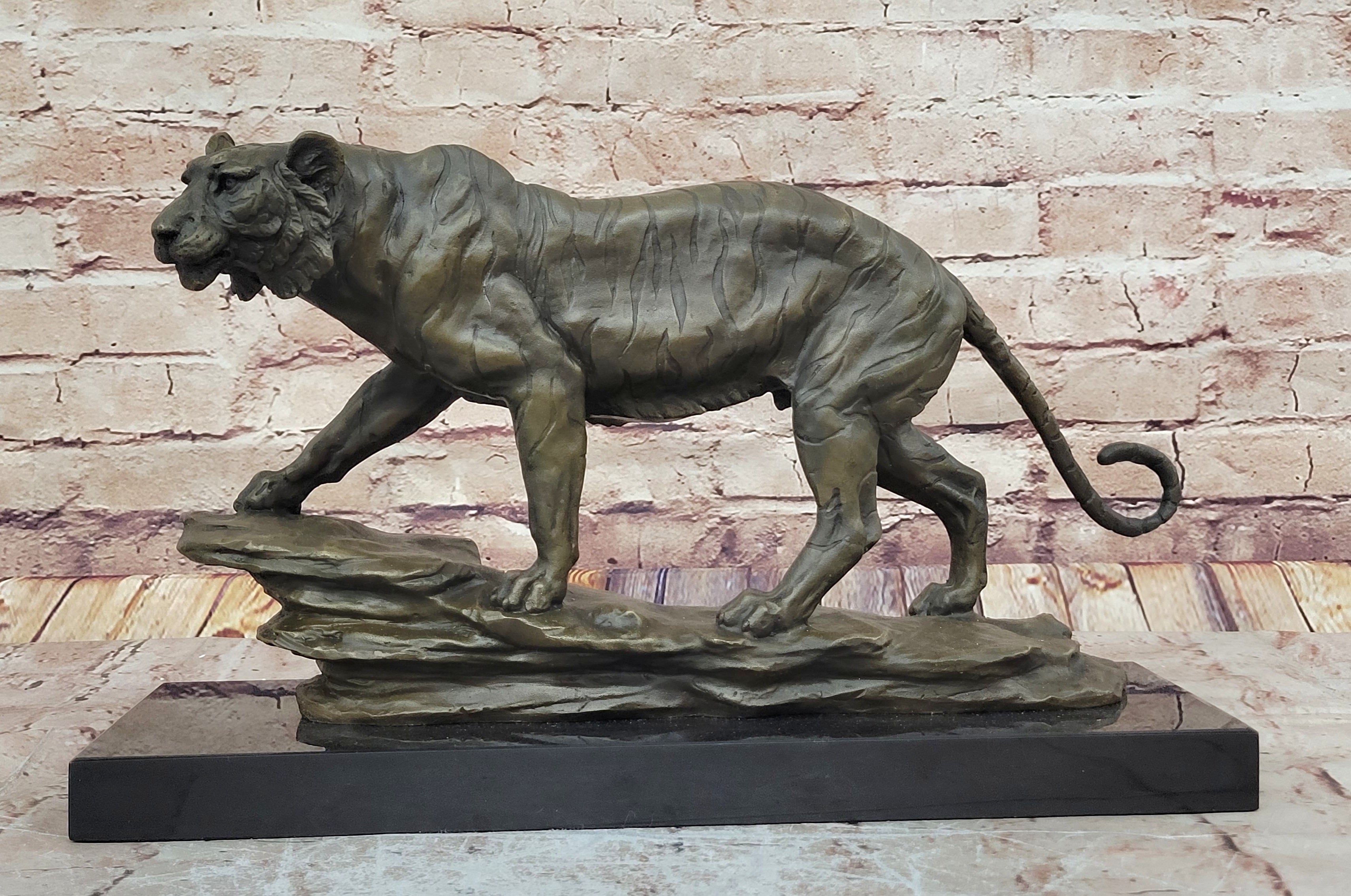 Hot Cast Art Deco African Tiger Bronze Sculpture Marble Base Wildlife Statue LRG