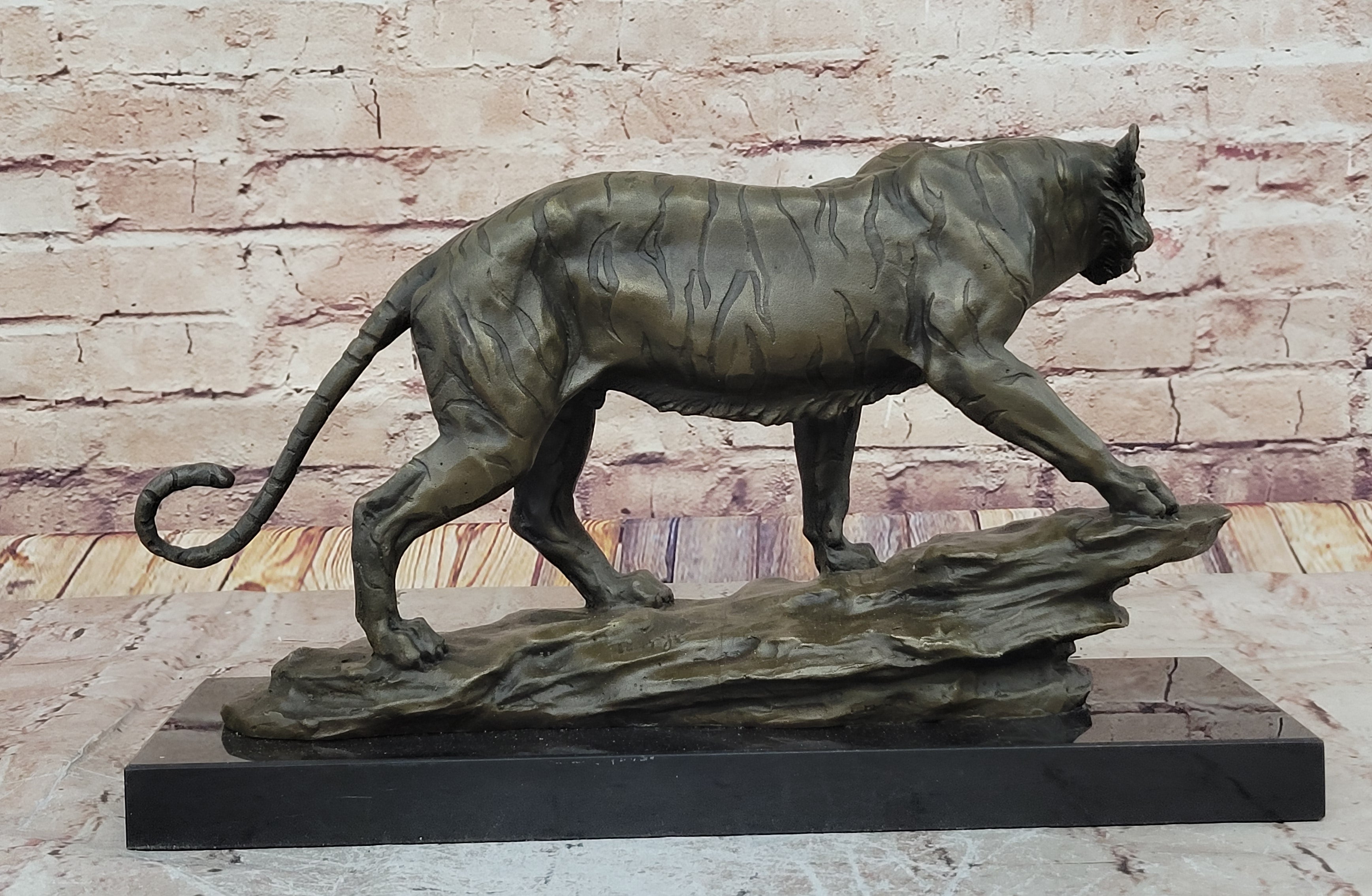 Hot Cast Art Deco African Tiger Bronze Sculpture Marble Base Wildlife Statue LRG