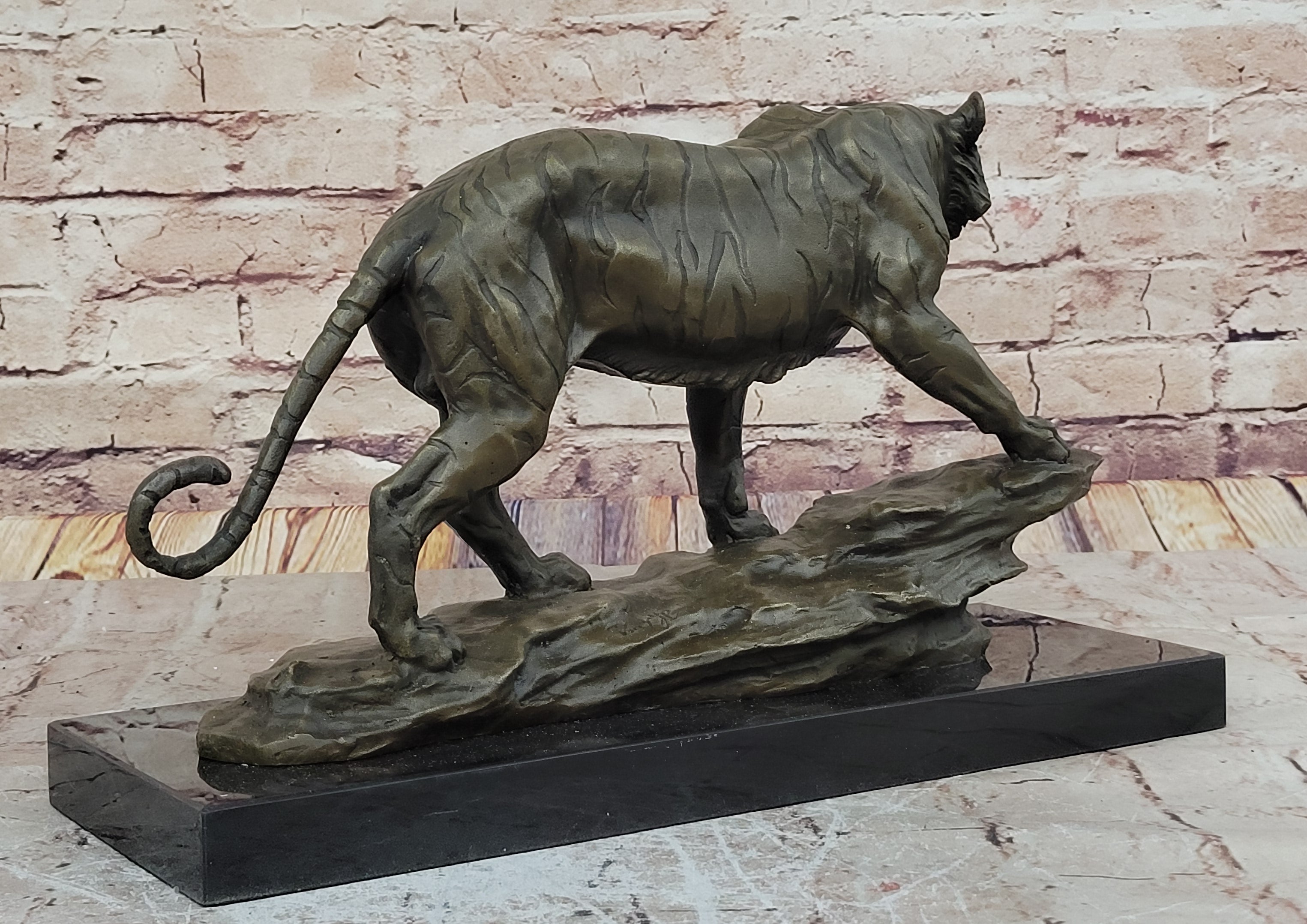 Hot Cast Art Deco African Tiger Bronze Sculpture Marble Base Wildlife Statue LRG