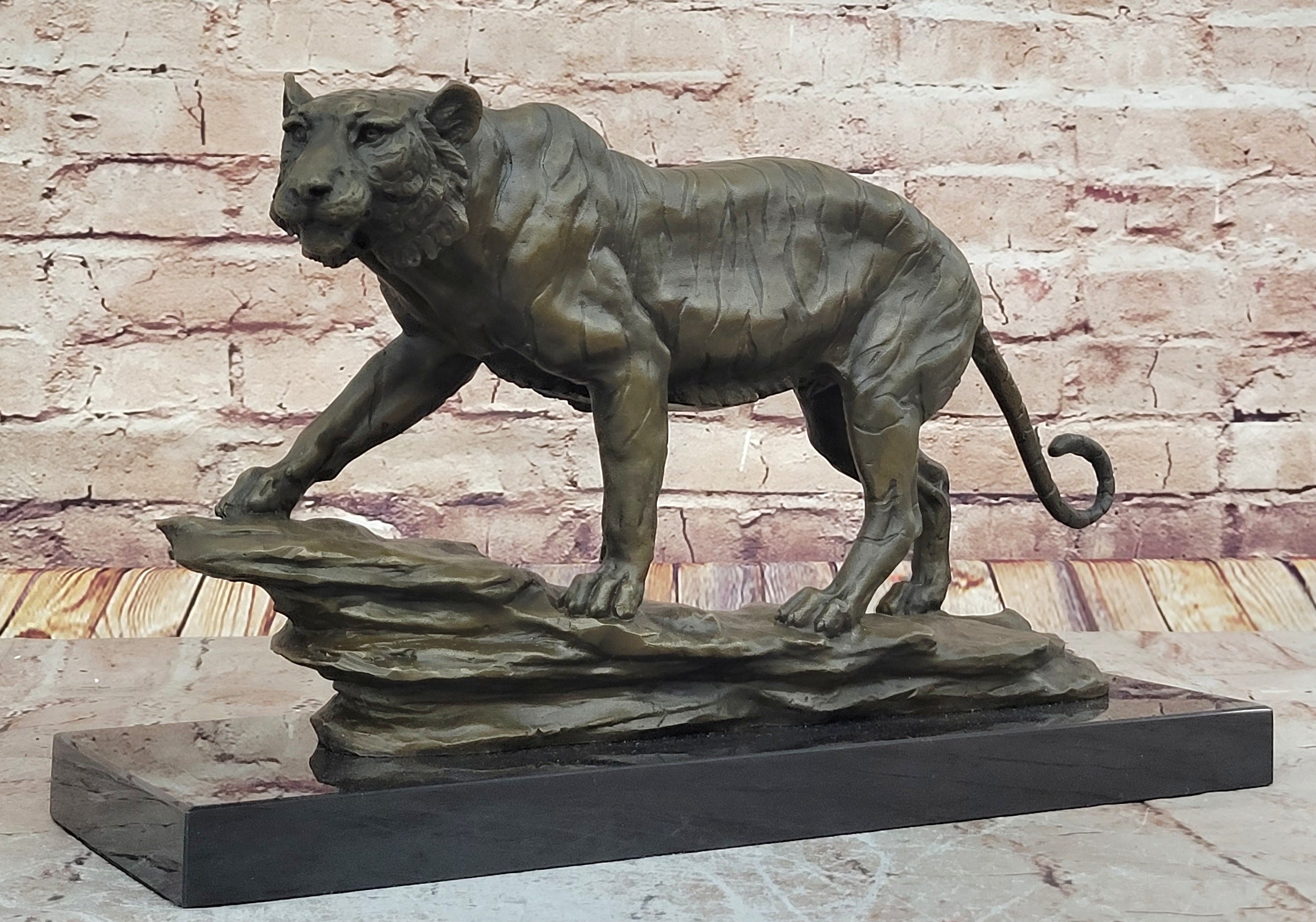 Hot Cast Art Deco African Tiger Bronze Sculpture Marble Base Wildlife Statue LRG