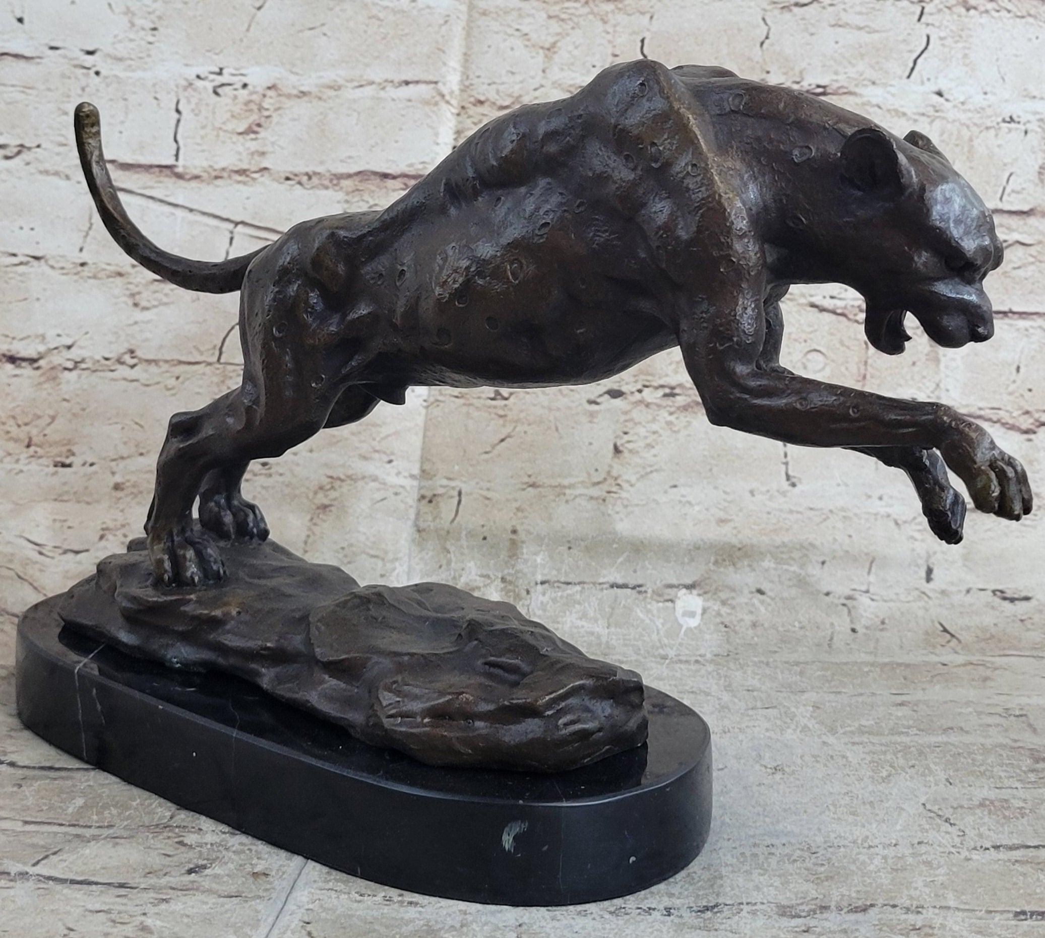 Jaguar Panther Leopard Cougar Big Cat Car Collector Bronze Marble Statue Decor