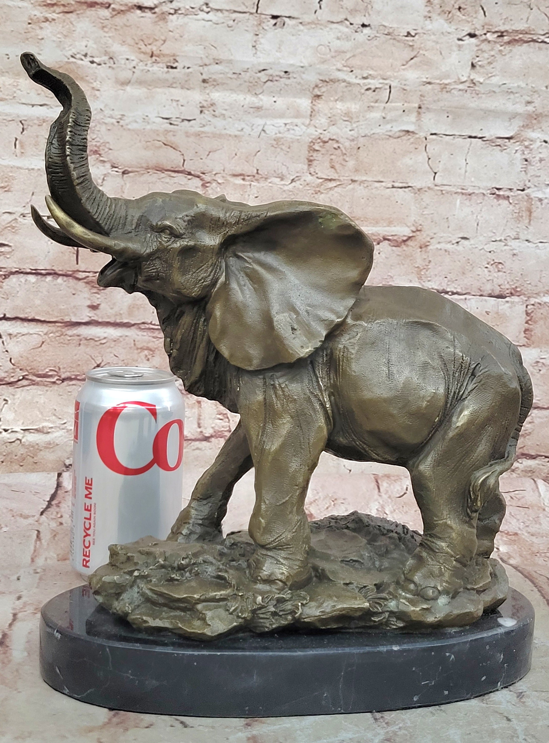 WILD LIFE ELEPHANT BRONZE STATUE W/MARBLE BASE, SIGNED SCULPTURE FIGURINE DECOR