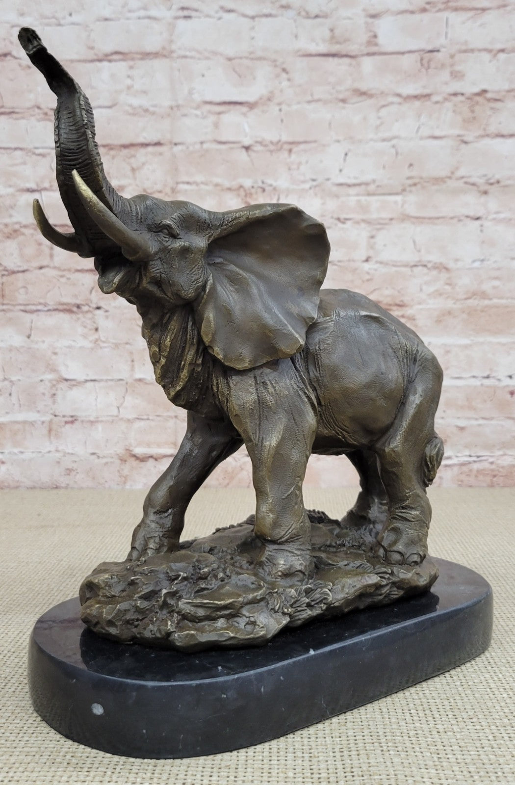WILD LIFE ELEPHANT BRONZE STATUE W/MARBLE BASE, SIGNED SCULPTURE FIGURINE DECOR