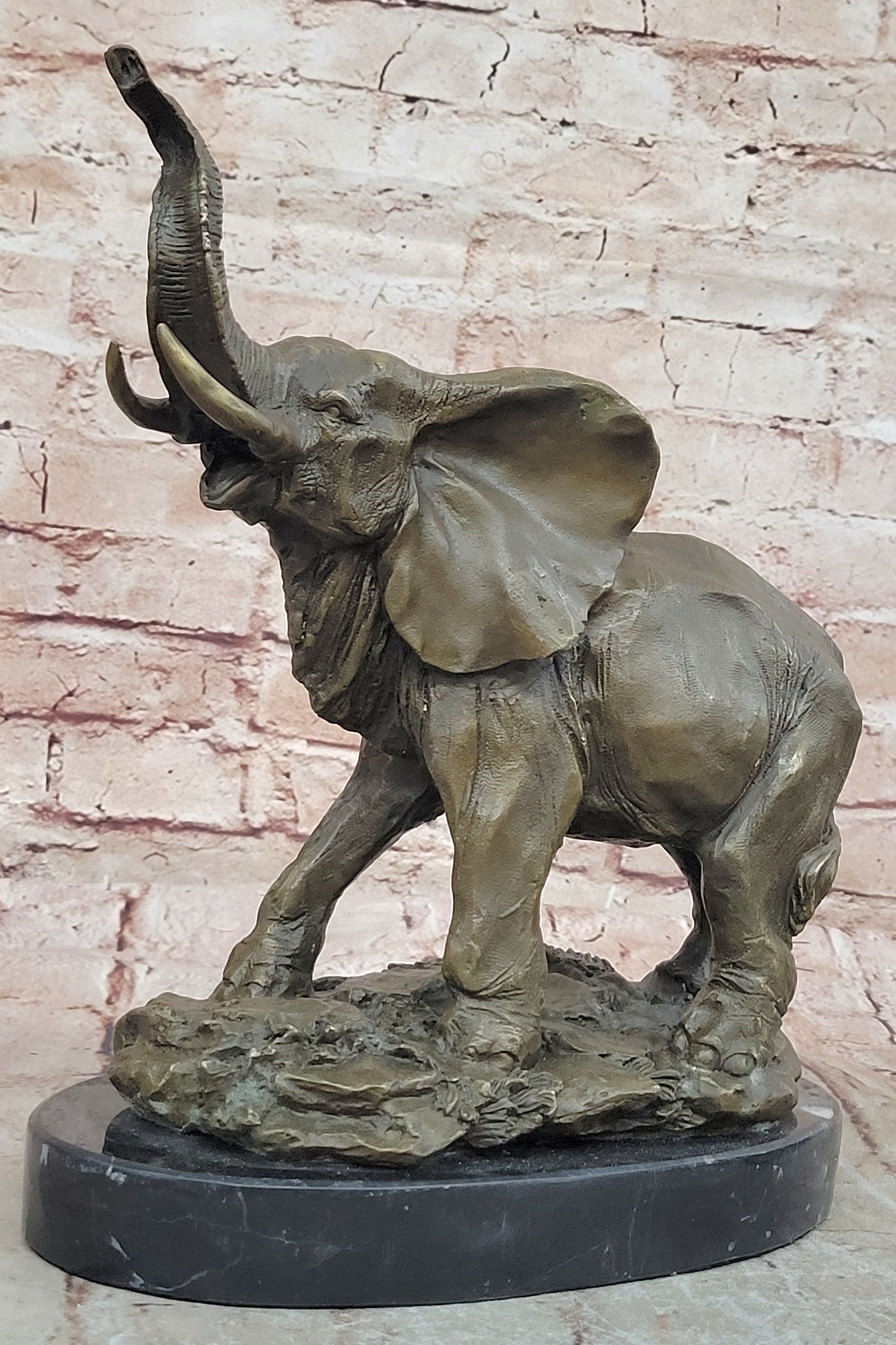 WILD LIFE ELEPHANT BRONZE STATUE W/MARBLE BASE, SIGNED SCULPTURE FIGURINE DECOR