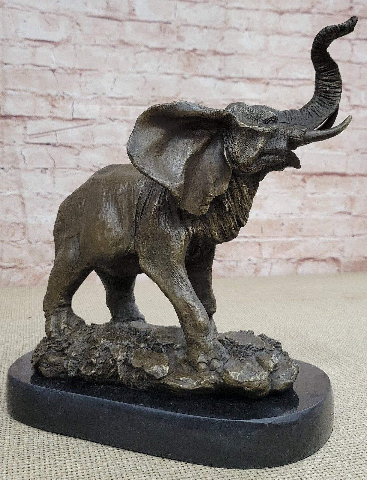 WILD LIFE ELEPHANT BRONZE STATUE W/MARBLE BASE, SIGNED SCULPTURE FIGURINE DECOR
