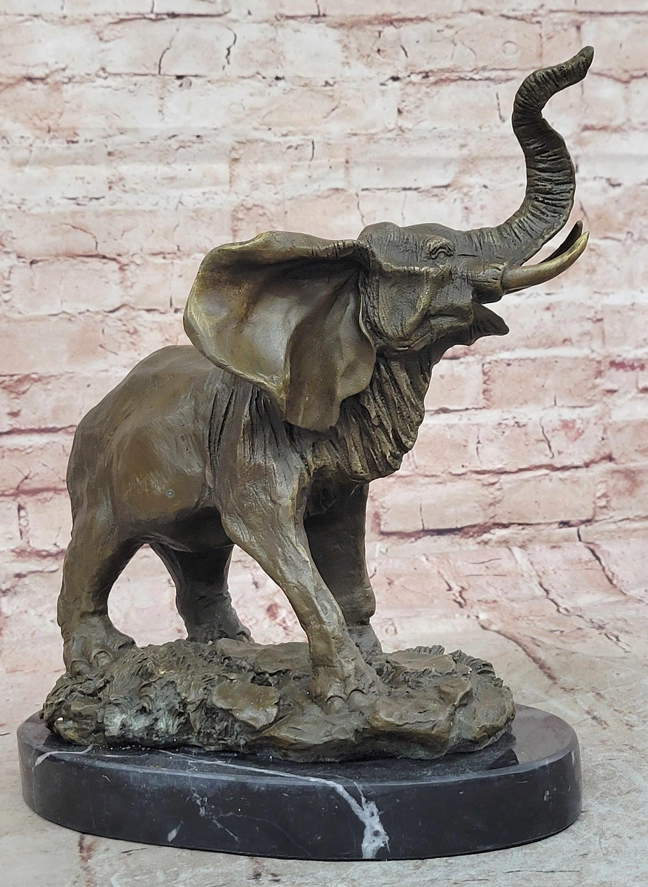 WILD LIFE ELEPHANT BRONZE STATUE W/MARBLE BASE, SIGNED SCULPTURE FIGURINE DECOR