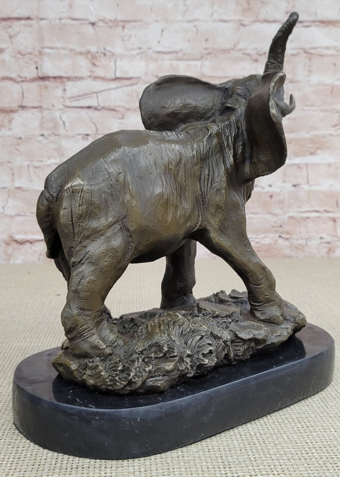 WILD LIFE ELEPHANT BRONZE STATUE W/MARBLE BASE, SIGNED SCULPTURE FIGURINE DECOR